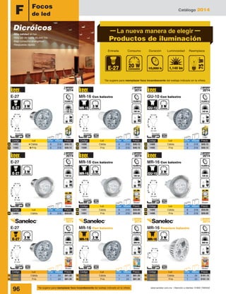Catálogo 2014
96 www.sanelec.com.mx / Atención a clientes: 01800 7263532
F Focos
de led
Dicróicos
-Alta calidad en luz
-Vida útil de hasta 40,000 hrs.
-Bajo consumo energético
-Respuesta rápida
*Se sugiere para reemplazar foco incandescente del wattaje indicado en la viñeta.
60mm
27 mm
49 mm
58mm
23 mm
50 mm
58mm
23 mm
49mm
61mm
24 mm
50 mm
61mm
24 mm
49 mm
*Se sugiere para reemplazar foco incandescente del wattaje indicado en la viñeta.
La nueva manera de elegir
Productos de iluminación
Luminosidad ReemplazaEntrada Consumo Duración
60mm
27 mm
50 mm
Caja
2014
Nuevo
E-27
N
N
Código	 Luz	 Inner	Master	Precio
1493	 Cálida	 6	216	$49.15
1593	 Fría	 6	216	$49.15
Caja Caja
2014
Nuevo
2014
Nuevo
N
N
Código	 Luz	 Inner	Master	Precio
1490	 Cálida	 6	216	$49.15
1590	 Fría	 6	216	$49.15
N
N
Código	 Luz	 Inner	Master	Precio
1491	 Cálida	 6	216	$59.00
1591	 Fría	 6	216	$59.00
N
N
Código	 Luz	 Inner	Master	Precio
1489	 Cálida	 6	216	$59.00
1496	 Fría	 6	216	$59.00
N
N
Código	 Luz	 Inner	Master	Precio
1488	 Cálida	 6	216	$49.15
1495	 Fría	 6	216	$49.15
MR-16 Con balastro GU-10 Con balastro
2014
Nuevo
2014
Nuevo
2014
Nuevo
Código	 Luz	 Inner	Master	Precio
1494	 Cálida	 6	216	$59.00
E-27
Blister
Blister Blister
72mm
27 mm
50 mm
2014
Nuevo
Blister
E-27
Código	 Luz	 Inner	Master	Precio
2053	 Cálida	 1	24	$81.30
2054	 Fría	 1	24	$81.30
N
N
MR-16 Con balastro MR-16 Con balastro
BlisterBlister
55mm
20 mm
50 mm
57mm
27 mm
50 mm
2014
Nuevo
2014
Nuevo
Código	 Luz	 Inner	Master	Precio
2142	 Cálida	 1	24	$81.30
2143	 Fría	 1	24	$81.30
Código	 Luz	 Inner	Master	Precio
2051	 Cálida	 1	24	$191.10
2052	 Fría	 1	24	$191.10
MR-16 Con balastro MR-16 Requiere balastro
N N
N N
N
 