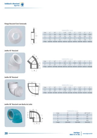 Soldável e Roscável
Água Fria
20
Flange Roscável Com Sextavado
Cotas
A
B
D
e
Código
DIMENSÕES (mm)
½”
75
15,5
1/2”
5,5
20081856
3/4”
89
16,5
3/4”
6,2
20081880
1”
99
17,8
1”
6,5
20081902
1.1/4”
103
19,4
1.1/4”
7
20081929
1.1/2”
109,2
19,3
1.1,2”
6,4
20081945
2”
127
20,2
2”
7,2
20081961
2"½”
175
45,6
2.1/2”
13,2
20081996
3”
192,8
44,8
3”
13,8
20082011
4”
219,4
53,5
4”
15
20082062
Joelho 45° Roscável
Cotas
A
D
Código
DIMENSÕES (mm)
½”
22
1/2”
20091851
3/4”
25
3/4”
20091886
1”
30
1”
20091908
1.1/4”
34,5
1.1/4”
20091924
1.1/2”
36
1.1/2”
20091940
2”
48,35
2”
20091967
2 1/2”
58,8
2 1/2”
20091991
3"
61,4
3"
20092017
4"
70
4"
20092068
DIMENSÕES (mm)
½”
28
1/2”
1/2”
28
35001859
3/4” X 1/2”
31
3/4”
1/2”
29,5
35022503
3/4”
32,5
3/4”
3/4”
32,5
35001883
Cotas
A
D
d
B
Código
Joelho 90° Roscável com Bucha de Latão
Joelho 90º Roscável
Cotas
A
D
Código
DIMENSÕES (mm)
½”
28
1/2”
20101857
3/4”
32,5
3/4”
20101881
1”
39,5
1”
20101903
1.1/4”
46,5
1.1/4”
20101920
1.1/2”
50
1.1/2”
20101946
2”
60,5
2”
20101962
2 1/2”
70,4
2 1/2”
20101997
3"
81
3"
20102012
4"
103,5
4"
20102063
 