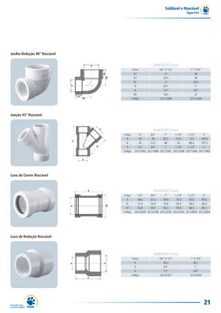 Soldável e Roscável
Água Fria
21
DIMENSÕES (mm)
3/4” X 1/2”
31
29,5
17
3/4”
1/2”
18,5
20112506
1” X 3/4”
36
36
18,5
1”
3/4”
22
20112549
Cotas
A1
A2
B1
D
d
B2
Código
Joelho Redução 90° Roscável
DIMENSÕES (mm)
Cotas
A
B
D
Código
DIMENSÕES (mm)
½"
67
45
1/2”
20171855
3/4"
78
53,5
3/4”
20171880
1"
95,5
66
1”
20171901
1.1/4"
113,1
65
1.1/4”
20171928
1.1/2"
125
88,4
1.1/2”
20171944
2"
149,5
107,5
2”
20171960
Junção 45° Roscável
Luva de Correr Roscável
DIMENSÕES (mm)
Cotas
A
D
D1
Código
DIMENSÕES (mm)
1/2"
46,0
21,4
32,8
20122609
3/4"
51,5
26,9
38,7
20122706
1"
59,0
33,6
46,2
20122730
1.1/4"
75,0
42,4
59,3
20122765
1.1/2"
83,0
48,4
66,5
20122803
2"
94,5
60,4
80,1
20122854
Luva de Redução Roscável
DIMENSÕES (mm)
3/4" X 1/2"
40,2
3/4”
1/2”
20132507
1" X 3/4"
45,7
1”
3/4”
20132540
Cotas
A
D
d
Código
 