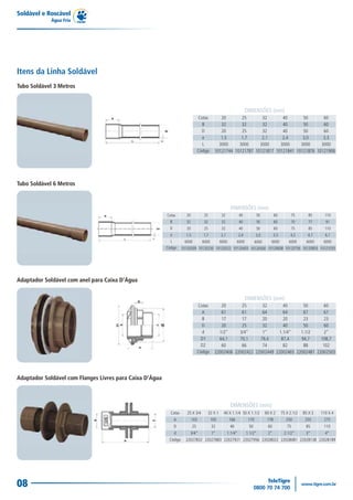 Itens da Linha Soldável
Tubo Soldável 3 Metros
Cotas
B
D
e
L
Código
DIMENSÕES (mm)
20
32
20
1,5
3000
10121744
25
32
25
1,7
3000
10121787
32
32
32
2,1
3000
10121817
40
40
40
2,4
3000
10121841
50
50
50
3,0
3000
10121876
60
60
60
3,3
3000
10121906
Soldável e Roscável
Água Fria
08
Cotas
A
B
D
d
D1
D2
Código
DIMENSÕES (mm)
20
61
17
20
1/2”
64,1
60
22002406
25
61
17
25
3/4”
70,1
66
22002422
32
64
20
32
1”
79,4
74
22002449
40
64
20
40
1.1/4”
87,4
82
22002465
50
67
23
50
1.1/2
94,7
88
22002481
60
67
23
60
2”
108,7
102
22002503
Adaptador Soldável com anel para Caixa D’Água
Cotas
B
D
e
L
Código
DIMENSÕES (mm)
20
32
20
1,5
6000
10120209
25
32
25
1,7
6000
10120250
32
32
32
2,1
6000
10120322
40
40
40
2,4
6000
10120403
50
50
50
3,0
6000
10120500
60
60
60
3,3
6000
10120608
75
70
75
4,2
6000
10120756
85
77
85
4,7
6000
10120853
110
91
110
6,1
6000
10121035
Tubo Soldável 6 Metros
Cotas
A
D
d
Código
DIMENSÕES (mm)
25 X 3/4
103
25
3/4”
22027832
32 X 1
105
32
1”
22027883
40 X 1.1/4
166
40
1.1/4”
22027921
50 X 1.1/2
170
50
1.1/2”
22027956
60 X 2
178
60
2”
22028022
75 X 2.1/2
250
75
2.1/2”
22028081
85 X 3
255
85
3”
22028138
110 X 4
275
110
4”
22028189
Adaptador Soldável com Flanges Livres para Caixa D’Água
 