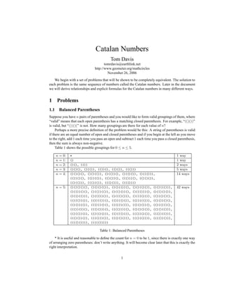 Catalan Numbers
Tom Davis
tomrdavis@earthlink.net
http://www.geometer.org/mathcircles
November 26, 2006
We begin with a set of problems that will be shown to be completely equivalent. The solution to
each problem is the same sequence of numbers called the Catalan numbers. Later in the document
we will derive relationships and explicit formulas for the Catalan numbers in many different ways.
1 Problems
1.1 Balanced Parentheses
Suppose you have n pairs of parentheses and you would like to form valid groupings of them, where
“valid” means that each open parenthesis has a matching closed parenthesis. For example, “(()())”
is valid, but “())()(” is not. How many groupings are there for each value of n?
Perhaps a more precise deﬁnition of the problem would be this: A string of parentheses is valid
if there are an equal number of open and closed parentheses and if you begin at the left as you move
to the right, add 1 each time you pass an open and subtract 1 each time you pass a closed parenthesis,
then the sum is always non-negative.
Table 1 shows the possible groupings for 0 ≤ n ≤ 5.
n = 0: * 1 way
n = 1: () 1 way
n = 2: ()(), (()) 2 ways
n = 3: ()()(), ()(()), (())(), (()()), ((())) 5 ways
n = 4: ()()()(), ()()(()), ()(())(), ()(()()), ()((())), 14 ways
(())()(), (())(()), (()())(), ((()))(), (()()()),
(()(())), ((())()), ((()())), (((())))
n = 5: ()()()()(), ()()()(()), ()()(())(), ()()(()()), ()()((())), 42 ways
()(())()(), ()(())(()), ()(()())(), ()((()))(), ()(()()()),
()(()(())), ()((())()), ()((()())), ()(((()))), (())()()(),
(())()(()), (())(())(), (())(()()), (())((())), (()())()(),
(()())(()), ((()))()(), ((()))(()), (()()())(), (()(()))(),
((())())(), ((()()))(), (((())))(), (()()()()), (()()(())),
(()(())()), (()(()())), (()((()))), ((())()()), ((())(())),
((()())()), (((()))()), ((()()())), ((()(()))), (((())())),
(((()()))), ((((()))))
Table 1: Balanced Parentheses
* It is useful and reasonable to deﬁne the count for n = 0 to be 1, since there is exactly one way
of arranging zero parentheses: don’t write anything. It will become clear later that this is exactly the
right interpretation.
1
 
