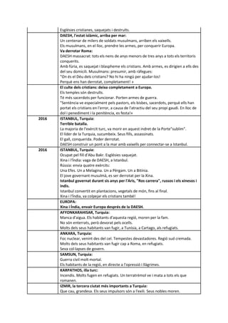 Esglésies cristianes, saquejats i destruïts.
DAESH, l'estat islàmic, arriba per mar:
Un centenar de milers de soldats musulmans, arriben els vaixells.
Els musulmans, en el lloc, prendre les armes, per conquerir Europa.
Va derrotar Roma:
DAESH massacrat: tots els nens de anys menors de tres anys a tots els territoris
conquerits.
Amb fúria, es saquejat i blaspheme els cristians. Amb armes, es dirigien a ells des
del seu domicili. Musulmans: presumir, amb ràfegues:
"On és el Déu dels cristians? No hi ha ningú per ajudar-los!
Perquè ens han derrotat, completament! »
El culte dels cristians: deixa completament a Europa.
Els temples són destruïts.
Té més sacerdots per funcionar. Porten armes de guerra.
"Sentència ve especialment pels pastors, els bisbes, sacerdots, perquè ells han
portat els cristians en l'error, a causa de l'atractiu del seu propi gaudi. En lloc de
dol i penediment i la penitència, es festa!»
2016 ISTANBUL, Turquia:
Terrible batalla.
La majoria de l'exèrcit turc, va morir en aquest indret de la Porte"sublim".
El líder de la Turquia, sucumbeix. Seus fills, assassinats.
El gall, conquerida. Poder derrotat.
DAESH construir un pont a la mar amb vaixells per connectar-se a Istanbul.
2016 ISTANBUL, Turquia:
Ocupat pel fill d'Abu Bakr. Esglésies saquejat.
Xina i l'Índia: vaga de DAESH, a Istanbul.
Rússia: envia quatre exèrcits:
Una Efes. Un a Melagina. Un a Pèrgam. Un a Bitínia.
El jove governant musulmà, es ser derrotat per la Xina.
Istanbul governat durant sis anys per l'Aris, "Ros carrera", russos i els xinesos i
indis.
Istanbul convertit en plantacions, vegetals de món, fins al final.
Xina i l'Índia, va colpejar els cristians també!
EUROPA:
Xina i Índia, envair Europa després de la DAESH.
AFYONKARAHISAR, Turquia:
Manca d'aigua. Els habitants d'aquesta regió, moren per la fam.
No són enterrats, però devorat pels ocells.
Molts dels seus habitants van fugir, a Tunísia, a Cartago, als refugiats.
ANKARA, Turquia:
Foc nuclear, venint des del cel. Tempestes devastadores. Regió sud cremada.
Molts dels seus habitants van fugir cap a Roma, en refugiats.
Seva col·lapses de govern.
SAMSUN, Turquia:
Guerra civil molt mortal.
Els habitants de la regió, en directe a l'opressió i llàgrimes.
KARPATHOS, illa turc:
Incendis. Molts fugen en refugiats. Un terratrèmol ve i mata a tots els que
romanen.
IZMIR, la tercera ciutat més importants a Turquia:
Que cau, grandesa. Els seus impulsors són a l'exili. Seus nobles moren.
 
