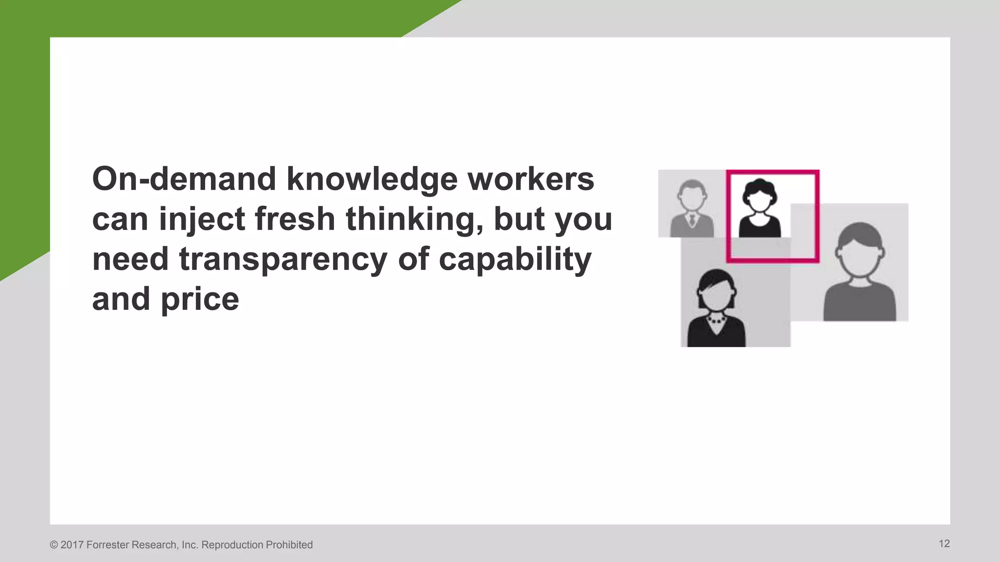 © 2017 Forrester Research, Inc. Reproduction Prohibited 12
On-demand knowledge workers
can inject fresh thinking, but you
need transparency of capability
and price
 