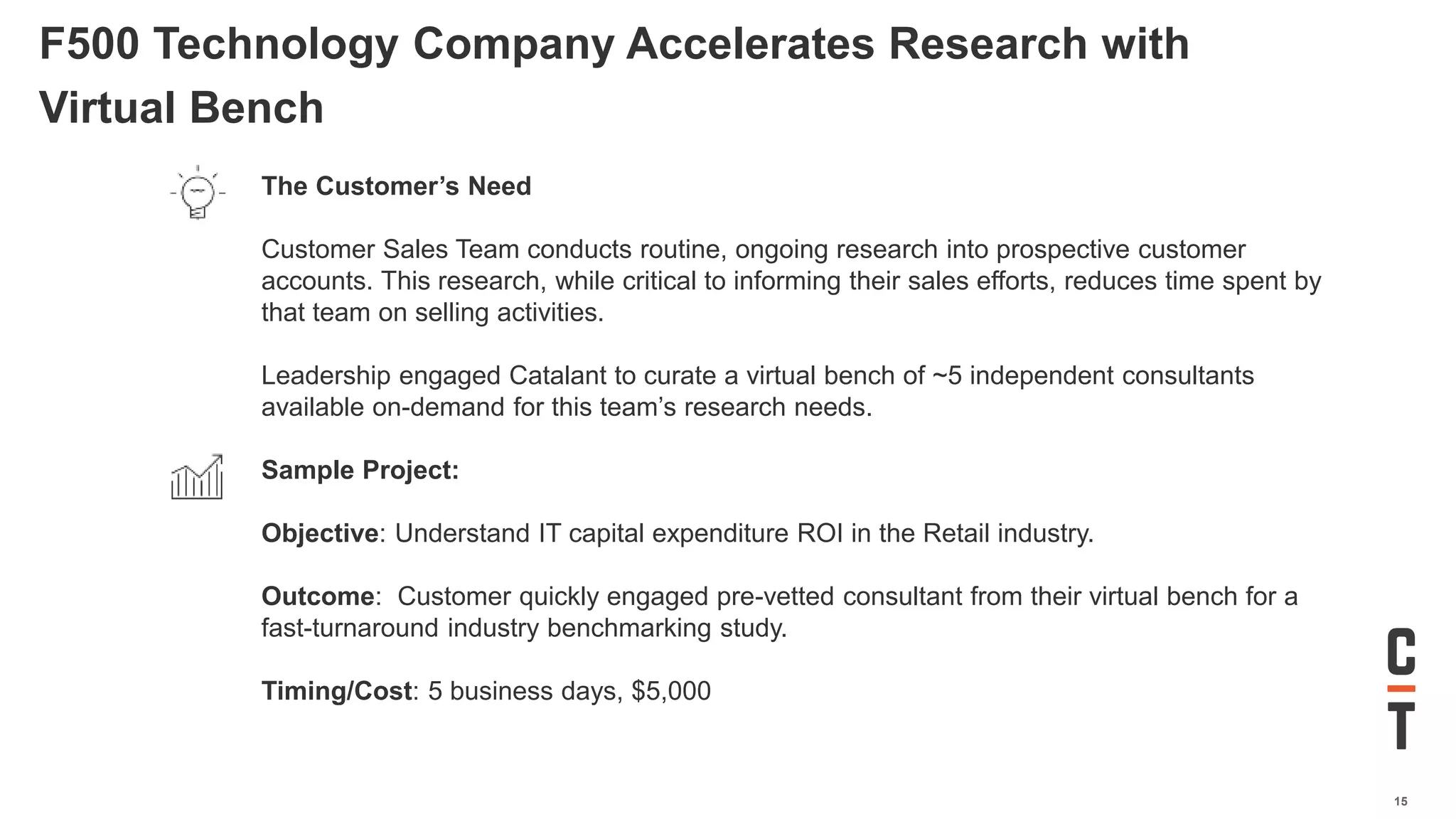 15
F500 Technology Company Accelerates Research with
Virtual Bench
The Customer’s Need
Customer Sales Team conducts routine, ongoing research into prospective customer
accounts. This research, while critical to informing their sales efforts, reduces time spent by
that team on selling activities.
Leadership engaged Catalant to curate a virtual bench of ~5 independent consultants
available on-demand for this team’s research needs.
Sample Project:
Objective: Understand IT capital expenditure ROI in the Retail industry.
Outcome: Customer quickly engaged pre-vetted consultant from their virtual bench for a
fast-turnaround industry benchmarking study.
Timing/Cost: 5 business days, $5,000
 
