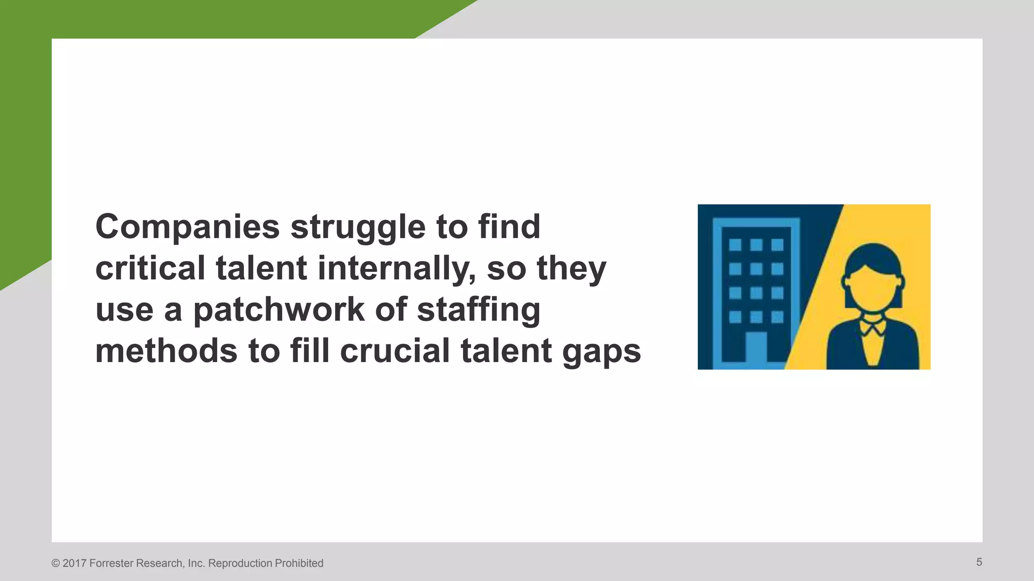 © 2017 Forrester Research, Inc. Reproduction Prohibited 5
Companies struggle to find
critical talent internally, so they
use a patchwork of staffing
methods to fill crucial talent gaps
 