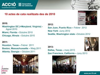 2010:
Washington DC (+Maryland, Virginia) -
Agost 2010
Miami, Florida - Octubre 2010
Chicago, Illinois - Octubre 2010
2011:
Houston, Texas – Febrer 2011
Boston, Massachussetts – Maig 2011
Atlanta, Georgia – Octubre 2011
2012:
San Juan, Puerto Rico – Febrer 2012
New York –Juny 2012
Seattle, Washington state –Octubre 2012
2013:
Dallas, Texas – març 2013
San Francisco, California – Juny 2013
10 actes de cata realitzats des de 2010
 