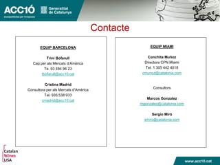 Contacte
EQUIP BARCELONA
Trini Bofarull
Cap per als Mercats d’Amèrica
Te. 93 484 96 23
tbofarull@acc10.cat
Cristina Madrid
Consultora per als Mercats d'Amèrica
Tel. 935 538 933
cmadrid@acc10.cat
EQUIP MIAMI
Conchita Muñoz
Directora CPN Miami
Tel. 1 305 442 4018
cmunoz@catalonia.com
Consultors
Marcos Gonzalez
mgonzalez@catalonia.com
Sergio Miró
smiro@catalonia.com
 