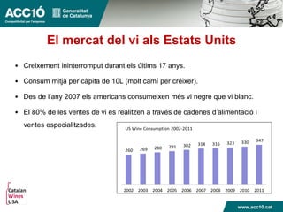 El mercat del vi als Estats Units
• Creixement ininterromput durant els últims 17 anys.
• Consum mitjà per càpita de 10L (molt camí per créixer).
• Des de l’any 2007 els americans consumeixen més vi negre que vi blanc.
• El 80% de les ventes de vi es realitzen a través de cadenes d’alimentació i
ventes especialitzades.
 