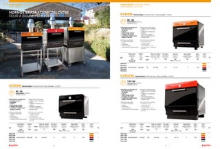 Horno brasa / Charcoal oven / Four à braise / Grillöfen
OVEN50
40 - 50
comensales / diners /
couverts / gäste
Horno brasa / Charcoal oven / Four à braise / Grillöfen
Horno brasa / Charcoal oven / Four à braise / Grillöfen
OVEN90
OVEN140
80 - 90
130-140
comensales / diners /
couverts / gäste
comensales / diners /
couverts / gäste
HORNOS BRASA / CHARCOAL OVENS
FOUR À BRAISE / GRILLÖFEN
Cada horno se entrega con:
• 1 parrilla de acero
inoxidable
• 1 pinzas
• 1 pala recoge cenizas
• 1 atizador de carbón
• 1 cepillo de metálico para
limpiar la parrilla
Each oven comes with:
• 1 stainless steel grille
• 1 tongs
• 1 ash shovel
• 1 charcoal poker
• 1 metal brush to clean the grill
Chaque four est livré avec:
• 1 grille en acier inoxydable
• 1 pince
• 1 pelle pour ramasser les
cendres
• 1 tisonnier à charbon
• 1 brosse métallique pour
nettoyer le gril.
Jeder Ofen wird mit geliefert:
• 1 Edelstahl-Grillrost
• 1 Zange (Pinzette)
• 1 Ascheschaufel
• 1 Schürhaken für Kohle
• 1 Metallbürste zur Reinigung
des Grills
Cada horno se entrega con:
• 1 parrilla de acero
inoxidable
• 1 pinzas
• 1 pala recoge cenizas
• 1 atizador de carbón
• 1 cepillo de metálico para
limpiar la parrilla
Each oven comes with:
• 1 stainless steel grille
• 1 tongs
• 1 ash shovel
• 1 charcoal poker
• 1 metal brush to clean the grill
Chaque four est livré avec:
• 1 grille en acier inoxydable
• 1 pince
• 1 pelle pour ramasser les
cendres
• 1 tisonnier à charbon
• 1 brosse métallique pour
nettoyer le gril.
Jeder Ofen wird mit geliefert:
• 1 Edelstahl-Grillrost
• 1 Zange (Pinzette)
• 1 Ascheschaufel
• 1 Schürhaken für Kohle
• 1 Metallbürste zur Reinigung
des Grills
Cada horno se entrega con:
• 1 parrilla de acero
inoxidable
• 1 pinzas
• 1 pala recoge cenizas
• 1 atizador de carbón
• 1 cepillo de metálico para
limpiar la parrilla
Each oven comes with:
• 1 stainless steel grille
• 1 tongs
• 1 ash shovel
• 1 charcoal poker
• 1 metal brush to clean the grill
Chaque four est livré avec:
• 1 grille en acier inoxydable
• 1 pince
• 1 pelle pour ramasser les
cendres
• 1 tisonnier à charbon
• 1 brosse métallique pour
nettoyer le gril.
Jeder Ofen wird mit geliefert:
• 1 Edelstahl-Grillrost
• 1 Zange (Pinzette)
• 1 Ascheschaufel
• 1 Schürhaken für Kohle
• 1 Metallbürste zur Reinigung
des Grills
9
8
REF
Dimensiones /
Dimensions /
Dimensions /
Maße
mm
Al. x An. x Pr.
(H x W x D)
Parrilla /
Grill /
Gril /
Grillrost
mm
Produc.
Kg/h
Temp. rec. cocción /
Temp. Rec. Cooking /
Temp. réch. cuisson. /
Empf. Temp. Garen
ºC
Pot. Equiv. /
Power Equiv./
Puiss. Équiv. /
Leist. Äquiv.
KW
Consumo /
Consum./
Consom. /
Verbrauch
Kg/
day / day / jour / Tag
Carga carbón /
Chacoal load /
Charge de charbon /
Kohleladung
kg
Peso /
Weight/
Poids /
Gewicht
kg
Color /
Colour /
Couleur /
Farbe
P850.90A
720x700x655 585x485 70 250-350 5,5 14-16 7 145 1
P850.90N
P850.90R
P850.90B
P850.90G
REF
Dimensiones /
Dimensions /
Dimensions /
Maße
mm
Al. x An. x Pr.
(H x W x D)
Parrilla /
Grill /
Gril /
Grillrost
mm
Produc.
Kg/h
Temp. rec. cocción /
Temp. Rec. Cooking /
Temp. réch. cuisson. /
Empf. Temp. Garen
ºC
Pot. Equiv. /
Power Equiv./
Puiss. Équiv. /
Leist. Äquiv.
KW
Consumo /
Consum./
Consom. /
Verbrauch
Kg/
day / day / jour / Tag
Carga carbón /
Chacoal load /
Charge de charbon /
Kohleladung
kg
Peso /
Weight/
Poids /
Gewicht
kg
Color /
Colour /
Couleur /
Farbe
P851.40A
880x900x840 775x655 100 250-350 6,5 16-18 9 235 1
P851.40N
P851.40R
P851.40B
P851.40G
REF
Dimensiones /
Dimensions /
Dimensions /
Maße
mm
Al. x An. x Pr.
(H x W x D)
Parrilla /
Grill /
Gril /
Grillrost
mm
Produc.
Kg/h
Temp. rec. cocción /
Temp. Rec. Cooking /
Temp. réch. cuisson. /
Empf. Temp. Garen
ºC
Pot. Equiv. /
Power Equiv./
Puiss. Équiv. /
Leist. Äquiv.
KW
Consumo /
Consum./
Consom. /
Verbrauch
Kg/
day / day / jour / Tag
Carga carbón /
Chacoal load /
Charge de charbon /
Kohleladung
kg
Peso /
Weight/
Poids /
Gewicht
kg
Color /
Colour /
Couleur /
Farbe
P850.50A
620x700x555 585x385 30 250-350 4 10-12 5 130 1
P850.50N
P850.50R
P850.50B
P850.50G
HORNO BRASA / CHARCOAL OVENS /
FOUR À BRAISE / GRILLÖFEN
HORNO BRASA / CHARCOAL OVENS /
FOUR À BRAISE / GRILLÖFEN
1.1
 