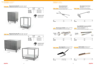 15
14
UTENSILIOS / UTENSILS /
USTENSILES / UTENSILIEN
ACCESORIOS / ACCESSORIES /
ACCESSOIRES / ZUBEHÖR
1.2
Mesa para horno Oven 90 / Oven table - Oven 90 /
Table pour four Oven 90 / Tisch für Ofen - Oven 90
Mesa para horno Oven 140 / Oven table - Oven 140 /
Table pour four Oven 140 / Tisch für Ofen - Oven 140
P85140
P85090
REF
con ruedas
w/wheels
avec roues
mit Rädern
mm
Al. x An. x Pr.
P850.90MT û 900 x 670 x 550 1
P850.90MP û 950 x 680 x 550 1
P850.90MTR ü 850 x 670 x 550 1
P850.90MPR ü 900 x 680 x 550 1
Pala recogecenizas / Collect ashes shovel /
Pelle à cendres / Ascheschaufel
Pinza reforzada horno /
Heavy duty oven tong /
Pince renforcée pour four /
Verstärkte Zange für Öfen
Pala atizadora horno brasa /
Oven poker /
Tisonnier pour four à braise /
Schürhaken für Holzkohlegrillofen
P851004
P851006
P851005
REF cm
P851004 33,5 1
REF cm
P851005 64,5 1
REF Al. x An. x Pr. cm
P851.006 13 x 14,5 x 38,5 1
P850.90MT
P850.90MP
P851.40MP
P851.40MT
Disponible con ruedas
Available with wheels
Disponible avec roues
Erhältlich mit Rädern
Disponible con ruedas
Available with wheels
Disponible avec roues
Erhältlich mit Rädern
Cepillo metálico / Metallic brush /
Brosse metallique / Metallbürste
P8180
REF L cm
P818.000 27 1
Pinza de acero inoxidable / Stainless steel tong /
Pince inoxydable / Edelstahl-Servierzange
Pinza VERSAGRIP®
de acero inoxidable /
VERSAGRIP®
Stainless steel tong /
Pince inox VERSAGRIP®
/
VERSAGRIP®
Edelstahl-Servierzange
478 479
Festoneada
Scalloped
Festonné
Gewellt
REF L cm
4781210 30,5 12
4781610 40,6 12
REF L cm
4791210 30,5 12
4791610 40,6 12
REF
con ruedas
w/wheels
avec roues
mit Rädern
mm
Al. x An. x Pr.
P851.40MT û 770 x 870 x 735 1
P851.40MP û 820 x 880 x 735 1
P851.40MTR ü 820 x 870 x 735 1
P851.40MPR ü 770 x 880 x 735 1
 