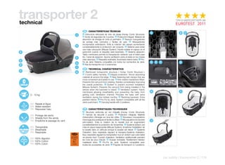 transporter 2
technical
                                                   ES 	 CARACTERÍSTICAS	TÉCNICAS
                                                                                                                             A                       B   C
                                            J
                                                 A   Estructura reforzada de nido de abeja (Honey Comb Structure).
                                                  B Arnés de seguridad de 3 puntos. C Protección integral. Material de
                                                 absorción de energía en todo el perímetro. D Nuevos mosquetones
                                                 de anclaje más cómodos y fáciles de usar. E Mosquetones
                                                 incorporados antirotación. Evita la rotación del capazo aumentando
                                           H     considerablemente la protección del conjunto. F Sistema para evitar
                                                 una mala colocación (Misuse System). Impide instalar el capazo en el
B                                                automóvil cuando el respaldo está levantado. G Sistema aireación:
                                                 Tejido membrana permite la transpiración evitando que el bebé pase
                                           C     frío. Canal de aireación. Aporta ventilación extra al bebé en los meses
                                                 más calurosos. H Respaldo reclinable. Acolchado interior extra. I Pro-
E
                                           G
                                                 Fix de Jané. Sistema compatible con todos los cochecitos de Jané.           D   E   F               G
                                                  J Asa de transporte con 2 posiciones.
D
                                            I
                                                  EN 	 TECHNICAL	CHARACTERISTICS
F
                                           A     A  Reinforced honeycomb structure ( Honey Comb Structure ).
                                                  B 3-point safety harness. C Integral protection. Shock absorbing
                                                 material all around the edge. D New fastening belt clamps that are
                                                 more convenient and easier to use. E Anti-rotation karabiners fitted.
                                                 Prevents the carrycot from rotating, thereby considerably improving
                                                 the overall protection. F System to prevent incorrect installation
                                                 (Misuse System). Prevents the carrycot from being installed in the
                                                 vehicle when the backrest is raised. G Ventilation system: Fabric
                                                 membrane allowing breathability and preventing the baby from                H                       I
    0 - 10 kg                                    getting cold. Ventilation channel. Provides the baby with extra
                                                 ventilation during the hottest months. H Reclining backrest. Extra
                                                 padded interior. I Pro-Fix by Jané. System compatible with all the
                                                 Jané pushchairs. J Carrying handle with 2 positions.
    ES Repele el Agua
    EN Water-resistant
    FR Repousse l’eau                              FR 	 CARACTÉRISTIQUES	TECHNIQUES
                                                 A   Structure renforcée en nid d’abeille (Honey Comb Structure).
                                                  B Harnais de sécurité 3 points. C Protection intégrale. Matériel
    ES Protege del viento
    EN Shields from the winds                    d’absorption d’énergie sur tous les côtés. D Nouveaux mousquetons
                                                 d’ancrage plus pratiques et faciles à utiliser. E Mousquetons incorporés    J
    FR Empêche le passage du vent
                                                 anti-rotation. Évite la rotation de la nacelle tout en augmentant
                                                 considérablement la protection de l’ensemble. F Système évitant une
    ES Transpirable                              mise en place inappropriée (Misuse System). Empêche l’installation de
    EN Breathable                                la nacelle dans un véhicule lorsque le dossier est relevé. G Système
    FR Respirable                                d’aération: tissu respirable régulant la transpira-Système d’aération:
                                                 tissu respirable régulant la transpiration tout en évitant que votre bébé
                                    ECE R44/04
                                                 ne prenne froid. Conduit d’aération. Ventilation additionnelle pendant
    ES 100% Algodón                 UNIVERSAL
                                      -10 kg
                                                 les mois les plus chauds. H Dossier inclinable. Revêtement intérieur
    EN 100% Cotton                    E9         matelassé extra. I Pro-Fix de Jané. Système compatible avec
    FR 100% Coton                    041065
                                                 toutes les poussettes de Jané. J Poignée de transport à 2 positions.




                                                                                                                                         car safety | transporter 2 | 119
 