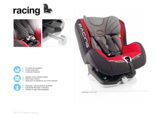 racing




        ES A prueba de impactos
        EN Impact approved
        FR À preuve d’impacts

        ES Testado contra impacto lateral
        EN Side Impact tested
        FR Testé pour sa résistance aux chocs latéraux

        ES Respaldo y reposacabezas ajustable
        EN Adjustable Backrest & Headrest
        FR Dossier et appui-tête régulables
                                                         4560 R30 BURNT RED




152 | car safety | racing
 