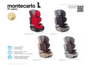 montecarlo
R1 colors
                                                                                                             ES Video instrucciones
                                                                                                             EN Video instructions
                                                                                                             FR Instructions vidéo




                                   4554 R30 BURNT RED                      4554 R31 ABBYS




        ES A prueba de impactos
        EN Impact approved
        FR À preuve d’impacts

        ES Testado contra impacto lateral
        EN Side Impact tested
        FR Testé pour sa résistance aux chocs latéraux

        ES Respaldo y reposacabezas ajustable
        EN Adjustable Backrest & Headrest
        FR Dossier et appui-tête régulables
                                                         4554 R32 COOPER                    4554 R33 METAL



178 | car safety | montecarlo R1
 