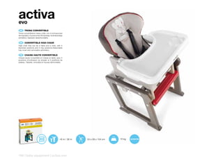 activa
evo
 ES 	 TRONA	CONVERTIBLE
Trona convertible en mesa y silla, con 4 inclinaciones
de respaldo y 3 posiciones de bandeja. Sobrebandeja
extraíble y tapizado desenfundable.

 EN 	 CONVERTIBLE	HIGH	CHAIR
High chair that can be a table and a chair, with 4
backrest positions and 3 tray positions.Detachable
tray cover and removable upholstery.

 FR 	 CHAISE-HAUTE	CONVERTIBLE
Chaise-haute convertible en chaise et table, avec 4
positions d’inclinaison du dossier et 3 positions de
plateau. Tablette amovible et housse démontable.




                                                  +6 m / 36 m   53 x 58 x 104 cm   10 kg




194 | baby equipment | activa evo
 