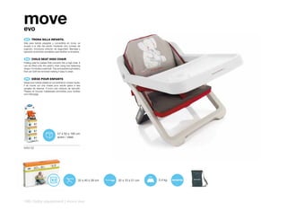 move
evo
 ES 	 TRONA	SILLA	INFANTIL
Silla para bebés plegable y convertible en trona, se
acopla a la silla del adulto mediante dos correas de
sujeción. Incorpora cinturón de seguridad. Bandeja y
tapizado acolchado extraíbles para facilitar su limpieza.


 EN 	 CHILD	SEAT	HIGH	CHAIR
Folding seat for babies that converts into a high chair. It
can be fitted onto the adult’s chair using two fastening
straps. It includes a seat belt. Tray and padded upholstery
that can both be removed making it easy to clean.


 FR 	 SIÈGE	POUR	ENFANTS
Siège pour bébés pliable et convertible en chaise-haute,
il se monte sur une chaise pour adulte grâce à des
sangles de retenue. Il inclut une ceinture de sécurité.
Plateau et housse matelassée amovibles pour faciliter
son nettoyage.




                                   57 x 50 x 185 cm
                                   acero / steel


6203 ZZ




                                                        32 x 40 x 39 cm   32 x 10 x 51 cm   2,4 kg




196 | baby equipment | move evo
 