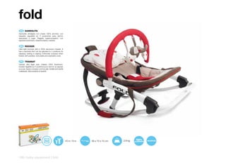 fold
 ES 	 GANDULITA
Gandulita ultraligera con chasis 100% aluminio, con
respaldo regulable en 3 posiciones para dormir,
descansar o jugar. Plegado supercompacto, con
tapizado acolchado, desenfundable y lavable.


 EN 	 ROCKER
Ultra light bouncer with a 100% aluminium chassis. It
has a backrest that can be adjusted to 3 positions for
sleeping, resting or playing. Extremely compact when
folded, with padded, removable and washable cover.


 FR 	 TRANSAT
Transat ultra léger avec châssis 100% Aluminium.
Dossier réglable sur 3 positions pour dormir, se reposer
ou jouer. Super compact une fois plié, revêtement textile
matelassé, déhoussable et lavable.




                                                            +0 m / 9 m   48 x 73 x 15 cm   2,9 kg




198 | baby equipment | fold
 