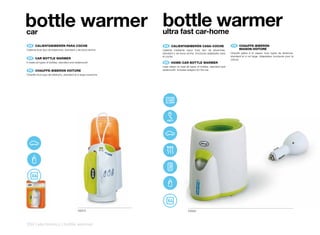 bottle warmer bottle warmer
car                                                             ultra fast car-home
 ES 	 CALIENTABIBERÓN	PARA	COCHE                                 ES 	 CALIENTABIBERÓN	CASA-COCHE                            FR 	 CHAUFFE-BIBERON
Calienta todo tipo de biberones, standard y de boca ancha.      Calienta mediante vapor todo tipo de biberones,         	        MAISON-VOITURE
                                                                standard y de boca ancha. Incorpora adaptador para      Chauffe grâce à la vapeur tous types de biberons,
                                                                el coche.                                               standard et à col large. Adaptateur incorporé pour la
 EN 	 CAR	BOTTLE	WARMER                                                                                                 voiture.
It heats all types of bottles, standard and widemouth.           EN 	 HOME-CAR	BOTTLE	WARMER
                                                                Uses steam to heat all types of bottles, standard and
 FR 	 CHAUFFE-BIBERON	VOITURE                                   widemouth. Includes adaptor for the car.
Chauffe tous type de biberons, standard et à large ouverture.




                                                                  SOUND
                                                                  & LIGHT
                                                                  ALARM




                                            10313                                    10342



234 | electronics | bottle warmer
 