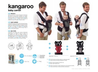 kangaroo
baby carrier
 ES 	 MOCHILA
Mochila cómoda con cinturón abdominal, ergonómico
que reparte el peso entre la espalda y la cadera.
Favorece el buen desarrollo madurativo de la cadera.
 A Correas anchas 7 cm. B Reposa cabezas. C Interior
transpirable. D Nuevo acolchado para mantener la
espalda del bebe bien sujeta. E Apoyo lumbar.


 EN 	 BABY	CARRIER
Comfortable backpack baby carrier with abdominal belt.
Ergonomic, spreading the weight out between the back
and the hips. Helps the baby’s hips to develop correctly.
 A Wide 7 cm straps. B Headrest. C Breathable
interior. D New padding to hold the baby’s back in
place. E Lower back support.


 FR 	 SAC	À	DOS
Porte-bébé très pratique avec ceinture abdominale
ergonomique, qui répartit le poids du bébé sur
les épaules et la taille de l’adulte. Favorise le
développement harmonieux des hanches de l’enfant.
 A Sangles larges 7 cm. B Repose-tête. C Intérieur
anti-transpirant. D Nouveau renfort matelassé pour
bien maintenir le dos du bébé. E Soutien lombaire.




                                                                                         A

                                                                                                                                           B
                                                                                         C
                                                                                                                                           D



                                                                                         E
                                                                  ES Transpirable
                                                27 x 12 x 40 cm                          60243 R27 CRIMSOM                                             60243 P41 FRACK
                                                                  EN Breathable
                                                                  FR Respirable
                                                                                                                                                                    1          2
                                                                                    ES   1 Posición piernas del bebé sujetas a la cadera del adulto.
                                                                                         2 Posición piernas del bebé arqueadas en vertical.
                                               +3 m / 2 a         0 - 14 kg
                                                                                    EN   1 Baby’s legs held against the adult’s hip.
                                                                                         2 Baby’s legs hanging down.


                                                                                    FR   1 Position des jambes du bébé maintenues sur les hanches de l’adulte.
                                                                                         2 Position des jambes du bébé pendantes verticalement.


                                                                                                                                                         kids zone | baby carrier | 243
 