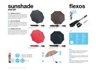 sunshade
anti-UV
                                                                                                             flexos
 ES 	 SOMBRILLA	ANTI-UV
La sombrilla incorpora tejidos especialmente diseñados
para ofrecer una protección única en el mercado contra
los rayos ultravioleta, tanto UVB como UVA. Su índice
de protección es de 50+, el índice más alto que puede
alcanzar un tejido. UPF 50+. Poliéster.


 EN 	 ANTI-UV	SUNSHADE
The sunshade uses materials specially designed to
offer protection that is unique on the market against
ultraviolet rays, for both UVB and UVA. It has a 50+
protection factor, the highest factor that a material can
reach. UPF 50+. Polyester.

                                                            80251 H61 NOIR         80251 P55 MEMORIES
 FR 	 OMBRELLE	ANTI-UVA
L’ombrelle inclut des tissus spécialement conçus pour
offrir une protection unique sur le marché contre les                                                        80105
rayons ultra-violet, mais aussi UVB comme UVA. Son
indice de protection est de 50+, l’indice le plus élevé
que puisse atteindre un tissu. UPF 50+. Polyester.                                                              Carrera         Slalom            Sonic Evo
                                                                                                                pro             Slalom R          Carrera
                                                                                                                Solo            Nomad             Aniversario
                                                                                                                Solo R          Unlimit           Challenger
                                                                                                                                Rider             Cross R
                                                                                                                                Powertwin         Nanuq
                                                                                                                                Twin Two          Nanuq twin
                                                                                                                                Next              Muum
                                                                                                                                Touring           Twone
                                                                                                                                Sonic             Aeros




                                                            80251 H72 CARMIN       80251 475 NAVY BLUE
                                                                                                              ES 	
                                                                                                             A Resistente, fácil de limpiar. B Varillas de fibra de

                                                                                                         C   vidrio. C Remates ocultos para mayor seguridad.
                                                                                                             D Puntos de flexión. E Flexo universal.
                                                                               A
                                                                                                         D    EN 	
                                     ES Anti-Uva / Uvb Upf 50+
                                     EN Anti-Uva / Uvb Upf 50+                 B                             A Hard-wearing, easy to clean. B Fibreglass spokes.
                                                                                                             C Concealed rivets for greater safety. D Flexion points.
                                     FR Anti-Uva / Uvb Upf 50+
                                                                                                             E Universal flex.

                                                                                                              FR 	
                                                                                                              A Résistant, facile à nettoyer. B Baleines en fibre de
                                                    Ø 70 cm                    D                             verre. C Bouts cachés pour plus de sécurité. D Des
                                                                                                         E   points de flexion. E Flexible universel.




252 | kids zone | accessories
 