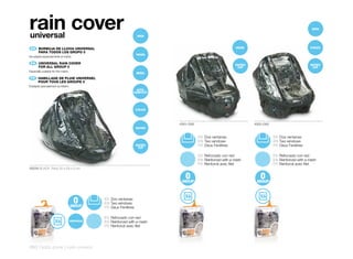 rain cover
universal                                                   KOOS
                                                                                                                                               KOOS




    ES 	 BURBUJA	DE	LLUVIA	UNIVERSAL		                                                                MICRO                                   STRATA
	        PARA	TODOS	LOS	GRUPO	0
                                                            MICRO
Se adapta especialmente al matrix.

    EN 	 UNIVERSAL	RAIN	COVER                                                                        MATRIX                                   MATRIX
	        FOR	ALL	GROUP	0                                                                              CUP                                      CUP
Especially suitable for the matrix.
                                                            REBEL
  FR 	 HABILLAGE	DE	PLUIE	UNIVERSEL
	      POUR	TOUS	LES	GROUPE	0
S’adapte spécialement au Matrix.
                                                            AUTO-
                                                          CARRYCOT




                                                            STRATA




                                                                     4351-O00                                 4352-O00
                                                            MATRIX


                                                                                ES Dos ventanas                          ES Dos ventanas
                                                                                EN Two windows                           EN Two windows
                                                            MATRIX              FR Deux Fenêtres                         FR Deux Fenêtres
                                                             CUP

                                                                                ES Reforzado con red                     ES Reforzado con red
                                                                                EN Reinforced with a mesh                EN Reinforced with a mesh
                                                                                FR Renforcé avec filet                   FR Renforcé avec filet
50234 BLACK Pack 22 x 29 x 5 cm




                                         ES Dos ventanas
                                         EN Two windows
                                         FR Deux Fenêtres

                                         ES Reforzado con red
                                         EN Reinforced with a mesh
                                         FR Renforcé avec filet




260 | kids zone | rain covers
 