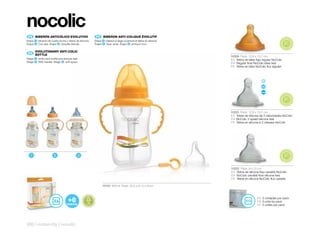 nocolic
 ES 	 	
      BIBERÓN	ANTICÓLICO	EVOLUTIVO                             FR 	 BIBERON	ANTI-COLIQUE	ÉVOLUTIF
Etapa   1   : biberón de cuello ancho y tetina de silicona.   Étape   1   : biberon à large ouverture et tétine en silicone.
Etapa   2   : Con asa. Etapa 3 : boquilla blanda.             Étape   2   : Avec anse. Étape 3 : embout mou.

      EVOLUTIONARY	ANTI-COLIC	
 EN 	 	
      BOTTLE
                                                                                                                               10209 Pack: 12,8 x 13,7 cm
Stage   1   : wide neck bottle and silicone teat.                                                                              ES Tetina de látex flujo regular NoColic
Stage   2   : With handle. Stage 3 : soft spout.                                                                               EN Regular flow NoColic latex teat
                                                                                                                               FR Tétine en latex NoColic flux régulier




                                                                                                                               10233 Pack: 12,8 x 13,7 cm
                                                                                                                               ES Tetina de silicona de 3 velocidades NoColic
                                                                                                                               EN NoColic 3 speed silicone teat
                                                                                                                               FR Tétine en silicone à 3 vitesses NoColic




  1                        2                    3



                                                                                                                               10202 Pack: 9 x 15 cm
                                                                                                                               ES Tetina de silicona flujo variable NoColic
                                                                                                                               EN NoColic variable flow silicone teat
                                                                                                                               FR Tétine en silicone NoColic flux variable

                                                                      10101 300 ml Pack: 23,5 x 21,3 x 8 cm



                                                                                                                                                   ES 3 unidades por pack
                                                                                                                                                   EN 3 units by pack
                                                                                                                                                   FR 3 unités par pack




266 | maternity | nocolic
 