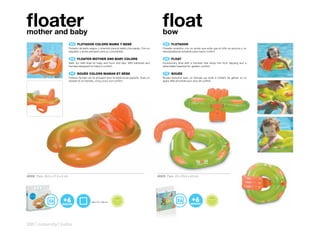 floater
mother and baby
                                                                                                           float
                                                                                                           bow
                                  ES 	 FLOTADOR	COLORS	MAMA	Y	BEBÉ                                           ES 	 FLOTADOR
                                 Flotador de baño seguro y divertido para el bebé y los papás. Con un      Flotador evolutivo con un arnés que evita que el niño se escurra y un
                                 respaldo y arnés pensado para su comodidad.                               reposacabezas extraíble para mayor confort.

                                  EN 	 FLOATER	MOTHER	AND	BABY	COLORS                                       EN 	 FLOAT
                                 Safe, fun bath float for baby and mum and dad. With backrest and          Evolutionary float with a harness that stops him from slipping and a
                                 harness designed for baby’s comfort.                                      detachable headrest for greater comfort.

                                  FR 	 BOUÉE	COLORS	MAMAN	ET	BÉBE                                            FR 	 BOUÉE
                                 Flotteur de bain sûr et amusant pour le bébé et les parents. Avec un      Bouée évolutive avec un harnais qui évite à l’enfant de glisser et un
                                 dossier et un harnais, conçu pour son confort.                            appui-tête amovible pour plus de confort.




40332 Pack: 30,5 x 27,5 x 5 cm                                                                          40323 Pack: 23 x 20,4 x 4,5 cm




                                                                                  F TA L A                                                                F TA L A
                                                                             RE                                                                      RE




                                                                                                                                                                   TO
                                                                                           TO




                                                                                                                                              E E LI B
                                                                      E E LI B




                                                                                                                                                                     S P HT
                                                                                             S P HT




                                                    88 x 57 x 29 cm

                                                                                                                                                FR
                                                                                                                                                                   HA
                                                                        FR




                                                                                           HA                                                            LA T ES
                                                                                 LA T ES




288 | maternity | baths
 