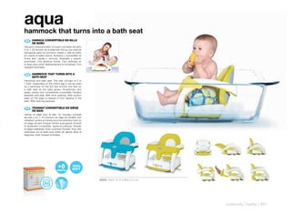 aqua
hammock that turns into a bath seat
 ES 	 HAMACA	CONVERTIBLE	EN	SILLA	
      	
      DE	BAÑO
Hamaca y silla para baño. El nuevo concepto de baño
2 en 1. En función de la edad del niño su uso será de
hamaquita para los primeros meses y silla de baño
en cuanto el bebé crezca. Evolutiva y convertible de
forma fácil, rápida y cómoda. Respaldo y asiento
acolchado. Con apertura frontal. Con ventosas en
la base para evitar deslizamientos en la bañera. Con
respaldo reclinable.

      HAMMOCK	THAT	TURNS	INTO	A	
 EN 	 	
      BATH	SEAT
Hammock and bath seat. The new concept of 2 in
1 bath. Depending on the child’s age it can be used
as a hammock for the first few months and then as
a bath seat as the baby grows. Evolutionary and
easily, quickly and conveniently convertible. Padded
backrest and seat. With front opening. With suction
pads on the base to prevent it from slipping in the
bath. With reclining backrest.


 FR 	 TRANSAT	CONVERTIBLE	EN	SIÈGE	
      	
      DE	BAIN
Hamac et siège pour le bain. Un nouveau concept
de bain 2 en 1. En fonction de l’âge de l’enfant, son
utilisation se fera en hamac pour les premiers mois ou
en siège de bain lorsque l’enfant aura grandi. Évolutif
et facilement convertible, rapide et pratique. Dossier
et siège matelassé. Avec ouverture frontale. Avec des
ventouses sur la base pour éviter de glisser dans la
baignoire. Avec dossier inclinable.




                                                          40525 Pack: 41,5 x 39,9 x 21 cm




                                                                                            maternity | baths | 291
 