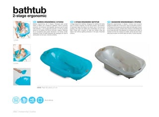 bathtub
2-stage ergonomic
                     ES 	 BAÑERA	ERGONÓMICA	2	ETAPAS                              EN 	 2	STAGE	ERGONOMIC	BATHTUB                                 FR 	 BAIGNOIRE	ERGONOMIQUE	2	ÉTAPES
                                                                                                                                                      	
                    Bañera ergonómica de 2 etapas. Pensada para poder            2 stage ergonomic bathtub. Designed for bathing the baby       Baignoire ergonomique 2 étapes. Conçue pour pouvoir
                    bañar a bebés de 0 meses en adelante. Para la primera        from 0 months onwards. For the first position, the position    baigner le bébé de 0 mois à plus. Avec la première position,
                    posición, la inclinación del respaldo favorece que el bebé   of backrest helps the baby to lie down, and in the second      l’inclinaison du dossier permet au bébé de s’allonger, et avec
                    esté estirado, y en la segunda posición, el niño se puede    position, the child can safely and comfortably sit up in the   la deuxième position, l’enfant peut s’assoir confortablement
                    sentar en la bañera de forma cómoda y segura. Dispone        bath. Fitted with a section to help the mother rinse the       et en toute sécurité. Elle dispose d’un récipient pour aider la
                    de un recipiente para poder favorecer a la mamá, poder       baby’s hair without getting shampoo in his eyes. Assorted      maman à rincer les cheveux du bébé, après les avoir lavés
                    aclararle el pelo al bebé después del enjuague sin que le    colours.                                                       sans que le savon ne rentre dans les yeux. Coloris assortis.
                    entre jabón en los ojos. Colores surtidos.



1 ETAPA




2 ETAPA




                          40526 Pack: 52 x 93,5 x 21 cm




                                        95 x 51 22,5 cm




292 | maternity | baths
 