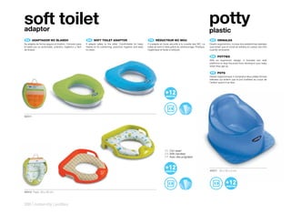 soft toilet
adaptor
                                                                                                                                                                         potty
                                                                                                                                                                         plastic
 ES 	 ADAPTADOR	WC	BLANDO                                EN 	 SOFT	TOILET	ADAPTOR                                 FR 	 RÉDUCTEUR	WC	MOU                                   ES 	 ORINALES
Se adapta de forma segura al inodoro. Cómodo para       It adapts safely to the toilet. Comfortable for baby     Il s’adapte en toute sécurité à la cuvette des WC. Le   Diseño ergonómico, incluye dos plataformas laterales
el bebé por su acolchado, práctico, higiénico y fácil   thanks to its cushioning, practical, hygienic and easy   bébé se sent à l’aise grâce au rembourrage. Pratique,   que evitan que el orinal se adhiera al cuerpo del niño
de limpiar.                                             to clean.                                                hygiénique et facile à nettoyer.                        cuando se levante.

                                                                                                                                                                          EN 	 POTTIES
                                                                                                                                                                         With an ergonomic design, it includes two side
                                                                                                                                                                         platforms to stop the potty from sticking to your baby
                                                                                                                                                                         when they get up

                                                                                                                                                                          FR 	 POTS
                                                                                                                                                                         Dessin ergonomique, il comprend deux plates formes
                                                                                                                                                                         latérales qui évitent que le pot s’adhère au corps de
                                                                                                                                                                         l’enfant quand il se lève.




40311




                                                                                                                                ES Con asas!
                                                                                                                                EN With handles!
                                                                                                                                FR Avec des poignées!




                                                                                                                                                                         40317 34 x 33 x 2 cm




40312 Pack: 33 x 30 cm



298 | maternity | potties
 