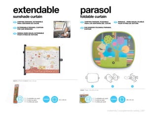 extendable                                          parasol
sunshade curtain                                    foldable curtain
ES 	 	 ORTINA-PARASOL	EXTENSIBLE
     C                                               ES 	 	 ORTINA-PARASOL	PLEGABLE
                                                          C                                       FR 	 	 IDEAUX	-	PARE-SOLEIL	PLIABLE	
                                                                                                       R
     PARA	VENTANAS	DE	COCHE                               PARA	LAS	VENTANAS	DEL	COCHE                  POUR	VITRES	DE	VOITURE


EN	 	 EXTENDABLE	PARASOL-CURTAIN	
      	                                              EN	 	CAR	WINDOW	FOLDABLE	PARASOL	
                                                          	
      FOR	CAR	WINDOWS                                     CURTAIN


FR 	 	 IDEAU-PARE-SOLEIL	EXTENSIBLE	
     R
     POUR	VITRES	DE	VOITURE




50275 LITTLE COSMOS 52 x 12 cm


                                                                    1                         2                        3

                                                    50261 Pack: 19 x 20 x 4 cm




              ES 2 unidades por pack                                 ES 2 unidades por pack
              EN 2 units by pack       40 x 48 cm                    EN 2 units by pack                         38 x 44 cm
              FR 2 unités par pack                                   FR 2 unités par pack




                                                                                         maternity | complements safety | 307
 