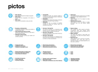 pictos
        ES 100%	Algodón                                         ES Transpirable                                                          ES Reflectante
            Indica que la composición del tejido es algodón.        Propiedad del tejido que permite transferir la                           Esta cualidad del tejido permite que la luz se refleje
        EN	 100%	Cotton                                             humedad del cuerpo hacia el exterior mediante las                        permitiendo la mayor visibilidad nocturna.
            Indicates that the composition of the fabric is         propiedades de sus fibras.                                           EN	 Reflective
            cotton.                                             EN	 Breathable                                                               Light is reflected from the material for better
        FR	 100%	Coton                                              A property of the material which allows moisture to                      visibility at night.
            Indique que la composition du tissu est coton.          escape from the body through the fibres.                             FR	 Résistant	et	Anti-taches
                                                                FR	 Respirable                                                               Cette qualité du tissu fait refléter la lumière
                                                                    Propriété du tissu qui permet de transférer                              permettant ainsi une plus grande visibilité
                                                                    l’humidité du corps vers l’extérieur grâce aux                           nocturne.
                                                                    propriétés de ses fibres.


         ES Duradero	y	Antimanchas                              ES Anti-Uva	/	Uvb	Upf	50+                                                ES Repele	el	Agua
             Propiedades añadidas al tejido para facilitar su   	   Las fibras se someten a un tratamiento para                              Esta cualidad del tejido repele los líquidos,
             mantenimiento diario.                                  bloquear los rayos peligrosos para la piel, a la                         normalmente agua, pero también puede
         EN	 Hard-wearing	and	does	not	stain                        vez que ofrecen un índice de protección.                                 repeler otros. Los líquidos se deslizan por el
             Material with added properties to make day-to-     EN	 Anti-Uva	/	Uvb	Upf	50+                                                   tejido sin penetrarlo.
             day maintenance easier.                            	   The fibres are treated so they protect the skin by                   EN	 Water-resistant
         FR	 Résistant	et	Anti-taches                               blocking harmful UV rays.                                                This allows the material to repel water and
             Propriétés ajoutées au tissu pour faciliter son    FR	 Anti-Uva	/	Uvb	Upf	50+                                                   other liquids. They slide off the fabric without
             entretien quotidien.                               	   Les fibres sont soumises à un traitement pour                            penetrating it.
                                                                    bloquer les rayons dangereux pour la peau, tout                      FR	 Repousse	l’eau
                                                                    en offrant un indice de protection.                                      Cette qualité du tissu repousse les liquides,
                                                                                                                                             normalement l’eau, mais peut aussi en
                                                                                                                                             repousser d’autres. Les liquides glissent sur le
                                                                                                                                             tissu sans y pénétrer.


         ES Protege	del	viento                                  ES Dimensiones	silla	abierta                                             ES Dimensiones	de	plegado
         EN	 Shields	from	the	winds                             EN	 Open	pushchair	dimensions                                            EN	 Folded	pushchair	dimensions
         FR	 Empêche	le	passage	du	vent                         FR	 Dimensions	poussette	ouverte                                         FR	 Dimensions	poussette	pliée




         ES Sistema	Neumático	de	Absorción	                     ES Elevador	Grupo	0                                                      ES Isofix
         EN	 Pneumatic	Absorption	System                        EN	 Lowrider	Group	0                                                     EN	 Isofix
         FR	 Pneus	Absortion	System                             FR	 Rehausseur	Groupe	0                                                  FR	 Isofix



         ES A	prueba	de	impactos                                ES Testado	contra	impacto	lateral                         107º           ES Respaldo	graduable
         EN	 Impact	approved                                                                                                     130º
                                                                EN	 Side	Impact	tested                                            152º
                                                                                                                                         EN	 Adjustable	backrest
         FR	 À	preuve	d’impacts                                 FR	 Testé	pour	sa	résistance	aux	chocs	latéraux                          FR	 Dossier	inclinable




08	|	introduction	|	pictos
 