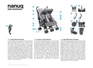 nanuq
    twin technical
                                                                        E
                                                                                                                                                                         A                   C




                                                                        C
                                                                                                                                            L
                                                                                                                                                                         E
                                                                        B
                                                                                                                                            H
                                                                                                                                            I
                                                                        N                                                                   J

                                                                                                                                                                         K                   L

                                                                        A

                                                                        M
A
                                                                                                                                            D
                                                                        F       K                                                                                       M                    N
                                                                                                                                            G

                                                                                    * Ball Joint




     ES 	 CARACTERÍSTICAS	TÉCNICAS                                          EN 	 TECHNICAL	CHARACTERISTICS                                      FR 	 CARACTÉRISTIQUES	TECHNIQUES
    A  Tipo de plegado: Tipo silla paraguas, la más compacta del            A  A Folding type: Umbrella type pushchair, the most compact    A  Type de pliage: Type poussette parapluie, la plus compacte
    mercado. B Respaldo: Graduable en 5 posiciones y nuevo                  on the market. B Backrest: Reclinable in 4 positions with a     du marché. B Dossier: Réglable en 4 positions et nouvel angle
    ángulo ergonómico y estable. C Tipo de freno: Freno de                  new ergonomic and stable conformation. C Brake type: Cable      ergonomique et stable. C Type de frein: frein à main arrière.
    mano trasero. Simultáneo y accionado por cable. D Tipo                  activated simultaneous rear handbrake. D Steering type: Auto-   Simultané et actionné par câble. D Type de direction: Roues
    de dirección: Ruedas autodireccionables y bloqueables,                  steering and lockable wheels, with improved swivel system.      autodirectionnelles et autobloquantes, avec un système
    con un sistema de giro mejorado, más suave y maniobrable.               Smoother and easier to handle. E Height adjustable handles      pivotant amélioré, plus souple et manoeuvrable. E Poignées
     E Empuñaduras regulables en altura (2 posiciones). F Tipo              (2 positions). F Suspension type: Rear using rubber band.       réglables en hauteur (2 positions). F Type de suspension:
    de suspensión: Trasera mediante goma. G Tipo de ruedas: 6                G Wheel type: 6 groups of 2 wheels. Tyre circumference of      Arrière avec tampons en caoutchouc. G Type de roues: 6
    grupos de 2 ruedas. Perfil del neumático + llanta 125 mm. H Silla       125 mm. H Adaptable baby carriers and carrycots: Pushchair      blocs de 2 roues. Largeur du pneu + jante 125 mm. H Coques
    no apta para portabebés. I Tapizado: Desmontable y lavable.             not suitable for baby carriers. I Upholstery: Removable         et nacelles adaptables: Poussette non adaptée aux coques de
     J Accesorios: Burbuja de lluvia, cestilla portaobjetos y capota.       and washable. J Accessories: rain cover, carrying basket        transport. I Housse: Démontable et lavable. J Accessoires:
    Tapizado: Capota water-repellent. Tejido interior en contacto           and hood. Material: Hood: water-repellent. Internal fabric      Habillage pluie, panier porte-objets et capote. Revêtement :
    con el bebé transpirable, nueva cestilla mayor capacidad.               in contact with the baby is breathable. New larger basket.      Extérieur et Capote : water-repellent. Tissu intérieur au contact
     K Para obtener un plegado más compacto, las ruedas                      K To make it more compact, the rear wheels fold inwards        du bébé, respirable. Nouveau panier plus grande capacité.
    traseras se recogen hacia adentro al plegar la silla, reduciendo        when the pushchair is folded, thereby reducing the               K Pour améliorer la compactibilité, les roues arrière se
    el tamaño de plegado: es el sistema Ball Joint. L Capotas               size. Ball Joint System. L Separate hoods that can be           replient vers l’intérieur lorsqu’on plie la poussette, en réduisant
    separadas con movimiento independiente. M Caballete                     used independently. M Central stand. N 2 folding locks          les dimensions de la poussette une fois pliée. Ball Joing
    central. N 2 seguros de plegado.                                                                                                        System. L Capotes séparées avec mouvement indépendant.
                                                                                                                                             M Béquille centrale. N 2 verrous de pliage.




    92 | twins pushchairs | nanuq twin
 