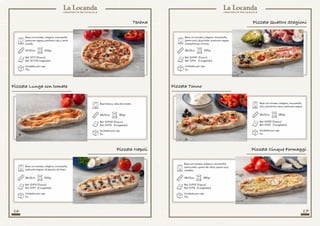 16 17
Base con tomate, orégano, mozzarella,
aceitunas negras, alcaparras, anchoas.
28x12cm28x12cm 280gr260gr
Ref: SVP5F (Fresco)
Ref: SVP5 (Congelado)
Ref: SVP1F (Fresco)
Ref: SVP1 (Congelado)
Unidades por caja
10u.
Unidades por caja
5u.
28x12cm 180gr
Ref: SVP15F (Fresco)
Ref: SVP15 (Congelado)
Unidades por caja
5u.
Pizzeta Napoli
Pizzeta Lunga con tomate
Pizzeta Cinque Formaggi
Base con tomate, orégano, mozzarella,
jamón york, alcachofas, aceitunas negras,
champiñones, chorizo.
28x12cm 290gr
Ref: SVP4F (Fresco)
Ref: SVP4 (Congelado)
Unidades por caja
5u.
Base con tomate, orégano, mozzarella,
atún, pimientos rojos, aceitunas negras.
28x12cm 280gr
Ref: SVP2F (Fresco)
Ref: SVP2 (Congelado)
Unidades por caja
5u.
Pizzeta Tonno
Pizzeta Quattro Stagioni
Base con tomate, orégano, mozzarella,
aceitunas negras, pimiento rojo y carne
picada.
29-30cm
Ref: SF111 (Fresco)
Ref: SC111(Congelado)
Unidades por caja
10u.
400gr
Texana
Base blanca, salsa de tomate.
Base con tomate, orégano, mozzarella,
semicurado, queso de cabra, queso azul,
cheddar.
 