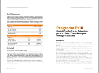 5756 Catàleg de Serveis 2016Catàleg de Serveis 2016
Protecció de la Salut | Establiments públics i indrets habitats | Pt010Protecció de la Salut | Establiments públics i indrets habitats | Pt09
Cost i finançament
Programa de servei cofinançat per Dipsalut i els ajuntaments mitjançant una taxa variable que
es calcula en funció del cens de la població del municipi i del nombre d’actuacions sol·licitades.
Podeu consultar l’Ordenança fiscal reguladora de la taxa per a la prestació del se rvei de gestió
i control del risc derivat de l’ús de sorreres infantils al web de Dipsalut (www.dipsalut.cat).
El cost de referència per a cada actuació del programa és de 180 euros. En funció de la població
del municipi i del nombre d’actuacions sol·licitades, Dipsalut en finança entre un 30 % i un 90 %.
Tarifa bàsica
Municipis Tarifa € / actuació
Fins a 1.500 hab. 18,00
De 1.501 a 5.000 hab. 36,00
De 5.001 a 15.000 hab. 54,00
De 15.001 a 25.000 hab. 72,00
Més de 25.000 hab. 90,00
Tarifa a partir d’un nombre d’actuacions
Municipis Tarifa € /
actuació
Nombre
d'actuacions
Fins a 1.500 hab. 54,00 Superior a 3
De 1.501 a 5.000 hab. 72,00 Superior a 4
De 5.001 a 15.000 hab. 90,00 Superior a 6
De 15.001 a 25.000 hab. 108,00 Superior a 8
Més de 25.000 hab. 126,00 Superior a 12
Sol·licitud
Del 2 de desembre de 2015 al 27 de gener de 2016
Cal sol·licitar el programa a través del Sistema d’Informació Municipal de Salut Pública (SIM-
SAP), en el marc de la seu electrònica de Dipsalut. Un cop emplenada la sol·licitud, cal registrar-
la (pel registre electrònic des del mateix SIMSAP, o bé en paper al Registre General de Dipsalut
—Parc Científic i Tecnològic de la Universitat de Girona, edifici Jaume Casademont, c/ Pic de
Peguera, 15, 17003 Girona— o per qualsevol dels mitjans que preveu l’article 38.4 de la Llei
30/1992, de 26 de novembre, de règim jurídic de les administracions públiques i del procediment
administratiu comú).
Cal recordar que des del SIMSAP també es pot fer el seguiment i veure els resultats de les ac-
tuacions que Dipsalut va efectuant al municipi. A més, es poden consultar les actuacions i els
resultats de catàlegs anteriors.
Programa Pt10
Suport Econòmic a les Actuacions
per a la Lluita i Control Integrat
de Plagues Urbanes
Introducció
Entenem com a plaga urbana un conjunt d’éssers vius que, per la seva abundància i les seves
característiques, poden ocasionar problemes sanitaris, molèsties o altres inconvenients a les
persones.
La repercussió sobre la salut més important de la presència de plagues és la transmissió de mi-
croorganismes patògens causants de malalties que, en alguns casos, poden distribuir-se entre
poblacions humanes.
La Llei 18/2009 de salut pública estableix com a servei mínim dels ens locals la gestió dels riscos
per a la salubritat derivats dels animals domèstics i peridomèstics, i de les plagues.
Tal com recull la normativa, és competència dels ens locals la identificació i la lluita contra les
plagues que puguin afectar la via pública i espais públics, els edificis d’habitatges particulars, els
centres educatius de primària i llars d’infants, i els centres esportius i piscines.
Dipsalut ofereix aquest Programa de suport econòmic als ajuntaments, que cobreix les actua-
cions que desenvolupin per a l’eradicació i el control de plagues urbanes, inclòs el mosquit tigre,
per a aquells conceptes descrits a les bases de la subvenció.
L’any 2015 s’ha atorgat aquest suport econòmic per a les actuacions sobre les plagues a 148
municipis. Un any més ha augmentat el nombre de municipis que sol·liciten aquest Programa.
 