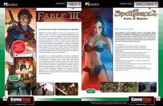 _microsoft                                                                                            _NORDIC GAMES
                                                                                fable 3                                                                                                     SPELLFORCE 2




                           IL VIAGGIO EPICO DI FABLE III ARRIVA ANCHE SU WINDOWS                                                                      FIDATI DEL TUO DESTINO

                           “FABLE III” È L’ULTIMO EPISODIO DEL TITOLO CHE HA VENDUTO PIÙ DI SEI                                                       IN UN PERIODO DI CAOS ASSUMI IL RUOLO DI UN GIOVANE UOMO,
                                                                                                                                                      INCARICATO DI SALVARE IL MONDO DI EO, DA UN NUOVO NEMICO
                           MILIONI DI COPIE. I FAN NUOVI E VECCHI INTRAPRENDERANNO UN’EPICA                                                           MISTERIOSO ED INQUIETANTE. IN COMPAGNIA DI IMPROBABILI EROI E DI
                           AVVENTURA, IN CUI LA LOTTA PER LA CONQUISTA DELLA CORONA RAPPRESENTA                                                       UN POTENTE DRAGO, DOVRAI COMBATTERE PER SVELARE I MISTERI DI UN
                           SOLO L’INIZIO DI UN VIAGGIO SPETTACOLARE. SONO TRASCORSI CINQUANTA                                                         NUOVO PERICOLOSO NEMICO E SCOPRIRE QUINDI IL TUO VERO DESTINO.
                           ANNI DAGLI AVVENIMENTI DI “FABLE II” E ALBION È NEL BEL MEZZO DELLA                                                        ASSUMI CORAGGIO E PREPARATI AD UNIRE LE AVVENTURE DEL PRECEDENTE
                           RIVOLUZIONE INDUSTRIALE, MA IL DESTINO DEL REGNO È IN PERICOLO. IN                                                         SPELLFORCE A QUESTA NUOVA ED EPICA SAGA.
                           “FABLE III” SARAI CHIAMATO A RIORGANIZZARE IL TUO POPOLO E COMBATTERE
                   NUTI                                                                                                                               CARATTERISTICHE
         C O N T E S!      AL SUO FIANCO, SALIRE AL POTERE E PROVARE COSA SIGNIFICA VERAMENTE
            BONU LE
                                                                                                                                                      • UNA CAMPAGNA COMPLETAMENTE NUOVA CHE SI INSERISCE
                           AMARE O PERDERE TUTTO. LE SCELTE E I SACRIFICI COMPIUTI MENTRE ALIMENTI
                    BI                                                                                                                                PERFETTAMENTE NELLA SERIE DI SPELLFORCE E ARRICCHISCE IL
           G I O C A 3D!   IL FUOCO DELLA RIVOLUZIONE MENTRE COMANDI COME RE O REGINA DI                                                              MONDO DEL GIOCO, INCLUDENDO I PERSONAGGI PREFERITI E RICERCHE
                    IN
         ANCHE             ALBION INNESCHERANNO UNA SERIE DI EVENTI IN CONTINUA EVOLUZIONE CHE                                                        APPASSIONANTI.
                           SI RIPERCUOTERANNO SU TUTTO IL TUO TERRITORIO.                                                                             • UNA NUOVA RAZZA DI NEMICI DEMONIACI, GIOCABILE ANCHE IN
                                                                                                                                                      MODALITÀ MULTIPLAYER, CON NUOVE UNITÀ E STRUTTURE.
                           NEL CORSO DEL TUO VIAGGIO INCONTRERAI UNA SERIE DI PERSONAGGI                                                              • LANCIATI IN BATTAGLIA CAVALCANDO UN FIERO DRAGO E UTILIZZA
                           PITTORESCHI, DEGNI DELLE ASPETTATIVE DEI FAN CHE BEN CONOSCONO LO                                                          INEDITI INCANTESIMI ED EFFETTI , PER POTENZIARE LE TUE POSSIBILITÀ
                           STILE ORIGINALE E L’UMORISMO TIPICI DI “FABLE”. DOPO AVER STABILITO                                                        TATTICHE.
                           SE QUESTI PERSONAGGI SONO TUOI AMICI O TUOI NEMICI, POTRAI UNIRTI A                                                        • CAMPAGNA ECCITANTE E DIVERTENTE E QUESITI DA RISOLVERE NEL
                                                                                                                                                      VECCHIO STILE DI SPELLFORCE.
                           LORO O INGAGGIARE CONTRO DI LORO COMBATTIMENTI ESPLOSIVI, DA SOLO
                                                                                                                                                      • COMBINAZIONE DI DUE GENERI GIOCO DI RUOLO E STRATEGIA IN UN
                           O CON UN AMICO SU XBOX LIVE*. MENTRE CERCHI DI GETTARE I SEMI DELLA
                                                                                                                                                      UNICO TITOLO DI SICURO SUCCESSO .
                           RIVOLUZIONE, IMPADRONISCITI DEL POTERE E GOVERNA IL TUO REGNO; LE                                                          • LA NUOVA MODALITÀ MULTI GIOCATORE E LE NUOVE MAPPE
                           SCELTE CHE FARAI CAMBIERANNO IL MONDO CHE TI CIRCONDA, PER IL BENE                                                         GARANTISCONO UN’ ESPRIENZA PIÙ RICCA NEL MONDO DI SPELLFORCE,
                           COMUNE O PER IL TUO INTERESSE PERSONALE. CHI DIVENTERAI? UN RIBELLE                                                        SIA ON LINE CHE OFF LINE.
                           SENZA UNA CAUSA, IL TIRANNO CONTRO CUI TI SEI RIBELLATO O IL PIÙ GRANDE
                           SOVRANO MAI ESISTITO?



      E34.98




                                                                                                     E19.98


216                                                                                                                                                                                                                        217
                                                                                                      _GARANTIAMO IL RITIRO DI TUTTI I TUOI PRODOTTI USATI. SEI STUFO DEL TUO
                                                                                                          USATO? PORTACELO E SCEGLI QUALSIASI ALTRO PRODOTTO IN NEGOZIO.
 