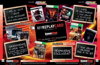 _PLAY WITH                                                                                                                          _PLAY WITH




228                                                                                                                                                                    229
      _GARANTIAMO LA TUA SODDISFAZIONE SULL’ACQUISTO. Non sei soddisfatto del   _GARANTIAMO IL RITIRO DI TUTTI I TUOI PRODOTTI USATI. SEI STUFO DEL TUO
      tuo acquisto? Avrai 24 ore di tempo per cambiarlo con altri prodotti.         USATO? PORTACELO E SCEGLI QUALSIASI ALTRO PRODOTTO IN NEGOZIO.
 