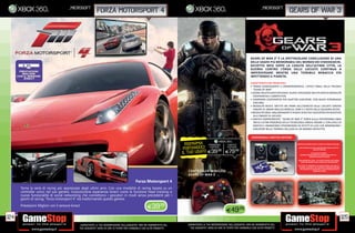 _microsoft                                                                                                                                      _microsoft
                                                            forza motorsport 4                                                                                                                                gears of war 3




                                                                                                                                                                               GEARS OF WAR 3” È LA SPETTACOLARE CONCLUSIONE DI UNA
                                                                                                                                                                               DELLE SAGHE PIÙ MEMORABILI DEL MONDO DEI VIDEOGIOCHI.
                                                                                                                                                                               DICIOTTO MESI DOPO LA CADUTA DELL’ULTIMA CITTÀ, LA
                                                                                                                                                                               GUERRA CONTRO L’ORDA DELLE LOCUSTE CONTINUA A
                                                                                                                                                                               IMPERVERSARE MENTRE UNA TERRIBILE MINACCIA STA
                                                                                                                                                                               INFETTANDO IL PIANETA.
                                                                                                                                                                               CARATTERISTICHE PRINCIPALI
                                                                                                                                                                               • TRAMA COINVOLGENTE E CINEMATOGRAFICA. L’EPICO FINALE DELLA TRILOGIA
                                                                                                                                                                                 “GEARS OF WAR”
                                                                                                                                                                               • AZIONE MULTIPLAYER ESPLOSIVA. NUOVE ESPERIENZE MULTIPLAYER IN MODALITÀ
                                                                                                                                                                                 COOPERATIVA E COMPETITIVA
                                                                                                                                                                               • CAMPAGNA COOPERATIVA PER QUATTRO GIOCATORI. CON NUOVI PERSONAGGI
                                                                                                                                                                                 GIOCABILI
                                                                                                                                                                               • MODALITÀ BESTIA. METTITI NEI PANNI DELL’ESERCITO DELLE LOCUSTE CONTRO
                                                                                                                                                                                 ONDATE DI UMANI INCLUSI MARCUS, DOM E IL RESTO DELLA SQUADRA DELTA .
                                                                                                                                                                               • MODALITÀ ORDA. MIGLIORAMENTI E NUOVE SFIDE PER I GIOCATORI PER RESISTERE
                                                                                                                                                                                 ALLE ONDATE DI LOCUSTE.
                                                                                                                                                                               • GRAFICA SORPRENDENTE. “GEARS OF WAR 3” PORTA SULLA PIATTAFORMA XBOX
                                                                                                                                                                                 360 GLI ULTIMI PROGRESSI DELLA TECNOLOGIA UNREAL ENGINE 3, CON LIVELLI DI
                                                                                                                                                                                 GRAFICA E ANIMAZIONE STRAORDINARI ED EFFETTI DI LUCE CHE IMMERGONO I
                                                                                                                                                                                 GIOCATORI NELLA TERRIBILE BELLEZZA DI UN MONDO DISTRUTTO.


                                                                                                                                                                                DISPONIBILE LIMITED EDITION

                                                                                                                                     IA
                                                                                                                           RISPARISMNDOCI STANDARD
                                                                                                                                 R PARMIA             LIMITED                                                        LIMITED EDITION OLTRE AL DISCO DI GIOCO INCLUDE:
                                                                                                                                  RTAOCI
                                                                                                                                PO D
                                                                                                                                 N O USATO EDITION
                                                                                                                          PORTA TU                    EDITION                                                          UNA SCATOLA OCTUS AWARD BOX CON LA OCTUS


                                                                                                                         IL TUO USATO E39            E79.98
                                                                                                                               IL                .98                                                                                 SERVICE MEDAL;

                                                                                                                                                                                                                                   L’ESCLUSIVO PERSO
                                                                                                                                                                                                                        NAGGIO SBLOCCABILE DI ADAM FENIX PER LA
                                                                                                                                                                                                                                 MODALITÀ MULTIPLAYER;

                                                                                                                                                                                                                      UNA BANDIERA COG, I CUI FIERI COLORI UN TEMPO
                                                                                                                                                                                                                        SVENTOLAVANO SULLA HOUSE OF SOVEREIGNS.

                                                                                                                                                                                                                      GLI EFFETTI PERSONALI DI ADAM FENIX, INCLUSE LE
                                                                                                                                                                                                                       ULTIME VOLONTÀ, GLI SCHEMI DI PROGETTAZIONE
                                                                                                                                                                                                                        DEL MARTELLO DELL’ALBA E ALTRI RICORDI DELLA
                                                                                                                            CONTROLLER WIRELESS                                                                                        FAMIGLIA FENIX.

                                                                                                                            GEARS OF WAR 3
                                                                                            Forza Motorsport 4
      Torna la serie di racing più apprezzata degli ultimi anni. Con una modalità di racing basata su un
      controller unico nel suo genere, rivoluzionarie esperienze kinect come la funzione head tracking e
      nuove funzionalità di social networking che connettono i giocatori in modi senza precedenti per i
      giochi di racing, “forza motorsport 4” sta trasformando questo genere.
      Prestazioni Migliori con il sensore kinect
                                                                                                     E39.98
                                                                                                                                                           E49.98
124                                                                                                                                                                                                                                                                     125
                                               _GARANTIAMO LA TUA SODDISFAZIONE SULL’ACQUISTO. Non sei soddisfatto del      _GARANTIAMO LA TUA SODDISFAZIONE SULL’ACQUISTO. Non sei soddisfatto del
                                               tuo acquisto? Avrai 24 ore di tempo per cambiarlo con altri prodotti.          tuo acquisto? Avrai 24 ore di tempo per cambiarlo con altri prodotti.
 