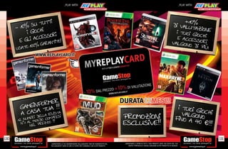 _PLAY WITH                                                                                                                          _PLAY WITH




130                                                                                                                                                                    131
      _GARANTIAMO LA TUA SODDISFAZIONE SULL’ACQUISTO. Non sei soddisfatto del   _GARANTIAMO IL RITIRO DI TUTTI I TUOI PRODOTTI USATI. SEI STUFO DEL TUO
      tuo acquisto? Avrai 24 ore di tempo per cambiarlo con altri prodotti.         USATO? PORTACELO E SCEGLI QUALSIASI ALTRO PRODOTTO IN NEGOZIO.
 