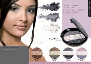 p e r fe c t a s p a r a
                                                                                                                                                                       modelar el
                                                                                                                                                                      conToRno
                                                                                                                                                                      DeL oJo




                                                                                                      11,20 EUR / 10 g
                                                                                                                                    112,00 EUR / 100 g
                                                                                          ¡Prueba
                                                                            la base para sombras
                                                                                   de la página 5!




MIneR AL e YeSHADoWS
Sombras minerales de ojos
» compuestas a base de componentes minerales especialmente
     seleccionados
»    alta concentración de pigmentos proporciona un color intenso
»    un delicado brillo perla ilumina la mirada
»    en la caja se encuentran los cuatro tonos de sombra combinados
»    una textura sedosa
»    prensado
»    peso: 10 g

                                                                      C hoCol ate m ouSSe                             fall g reeN                                                 S ilver d uSt   h e ather i NteNSe
                                                                            FM | c001                                   FM | c004                                                    FM | c002          FM | c003

32                                                                                                   Los productos FM GROUP MAKE UP son productos originales de FM GROUP World.                                        33
 