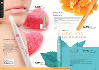 14,30 €* / 3 ml
                                                                                               476,67 € / 100 ml
                                                     cooLInG STIcK
                                                     Producto calmante-refrigerante
                                                                                                                      Hone Y LIP GeL
                                                     » perfecto para llevarlo en la maleta                            Gel labial de miel
                                                         de cada turista
                                                     » se aplica directamente en las zonas rojas,                     voLUmE-Up EffEc t
                                                         después de una picadura de mosquito,
                                                         medusa u ortiga                                              » contiene ingredientes que ayudan a recuperar la pérdida de colágeno lo que
                                                     »   sus ingredientes disminuyen inmediatamente                       permite reconstruir la estructura de los labios y recibir un aspecto bello
                                                         el enrojecimiento y alivian la piel reduciendo               » a base de néctar de miel
                                                         picazón y dolor                                              » enriquecido con los componentes hidratantes, vitamina E y manteca
                                                     »   enriquecido con aceites nutritivos de                            de karité
                                                         eucalipto de yoyoba                                          » es una base perfecta para la barra de labios
                                                     »   tiene forma de un cómodo aplicador                           » puede sustituir el brillo transparente porque saca y subraya el
                                                     »   capacidad: 3 ml                                                  color natural de los labios
                                                         FM | mi02                                                    » un pincel cómodo y suave

                                                                                                                                                                                                                                  12,00 EUR / 2,42 g
                                                                                                                      » se aconseja utilizarlo después del exfoliante labial con azúcar
                                                                                                                      » peso: 2,42 g
                                               * Solamente hasta el agotamiento de stock                                FM | li15
                                                                                                                                                                                                                                                     495,87 EUR / 100 g
                                                                                                                                                             labios

                                                                                                                                                            HecHoS
                                                                                                                                                             para los besos dulces
SUGAR LIP ScRUB
Exfoliante labial con azúcar
» prepara los labios para la
     aplicación de la barra de labios,
     brillo o rotulador de labios
»    contiene cristales de azúcar, pantenol
     y vitamina E que hacen que los labios
     se vuelven lisos y suaves
»    tiene un aroma agradable a mango
»
»
     un aplicador cómodo
     se aconseja utilizarlo junto con el gel
                                                                                                                                                                                          MInT Y LIP GeL
                                                                                                                                                                                         Gel labial de menta                      14,00 EUR / 1,7 g
     labial de menta o miel                                                                                                                                                               voLUmE-Up EffEc t                                           823,53 EUR / 100 g
»    peso: 1,9 g
     FM | li14                                                                                                                                                                           » sus componentes dan un efecto sutil de aumento de volumen
                                                                                                                                                                                              de los labios
                                                                                                                                                                                         » enriquecido por los ingredientes hidratantes, vitamina E
                                                                                                                                                                                              y manteca de karité
                                                                                                                                                                                         » es una base perfecta para la barra de labios
                                                                                                                                                                                         » puede sustituir el brillo de labios transparente porque saca
                                                                                                                                                                                              y subraya el color natural de los labios

                                                                              14,80 EUR / 1,9 g
                                                                                                                                                                                         »    el refrescante aroma a menta ofrece una frescura agradable
                                                                                                                                                                                         »    un pincel cómodo y suave
                                                                                                                                                                                         »    se aconseja utilizarlo después del exfoliante labial con azúcar
                                                                                                 778,95 EUR / 100 g                                                                      »    peso: 1,7 g
                                                                                                                                                                                              FM | li13


42                                                                                                                    Los productos FM GROUP MAKE UP son productos originales de FM GROUP World.                                                                      43
 