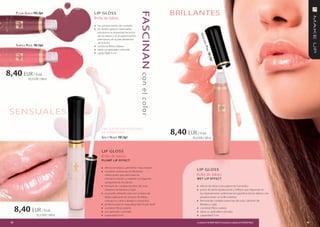 BRILLAnTeS




                                                                                     FAScInAn
       P lum g old FM | lip4                 LIP GLoSS
                                             Brillo de labios
                                             » los componentes de cuidado
                                             » los ácidos grasos insaturados
                                               previenen la sequedad excesiva




                                                                                                                       iNNo
                                               de los labios y el envejecimiento
                                               prematuro de la piel alrededor




                                                                                                                          CeN
                                               de la boca
       SuBtle roSe FM | lip3




                                                                                                                            t
                                             » contiene filtros solares




                                                                                                                            Pi N k
                                             » tiene un aplicador cómodo
                                             » capacidad: 9 ml




                                                                                                                                FM | l
                                                                                                                                  p2   i
8,40 EUR / 9 ml




                                                                                      con el color
                93,33 EUR / 100 ml




 SenSUALeS

                                                                                                      8,40 EUR / 9 ml
                                                   UNA SENSACIÓN AGRADABLE
                                                   DE HORMIGUEO
                                                   SPiCy Nude FM | lip1                                        93,33 EUR / 100 ml


                                                   LIP GLoSS
                                                   Brillo de labios
                                                   pLUmp Lip EffEc t

                                                   » efecto de labios sutilmente más amplios
                                                   » contiene sustancias tonificantes-
                                                                                                                   LIP GLoSS
                                                       refrescantes que estimulan la                               Brillo de labios
                                                       microcirculación y mejoran la irrigación                    wE t Lip EffEc t
                                                       sanguínea de los labios
                                                   »   fórmula de cuidado (aceites de uvas,                        » efecto de labios sensualmente húmedos
                                                       cártamo de Baviera y soja)                                  » polvo de perla opalescente y reflejos que dispersan la
                                                   »   se puede utilizarlo solo con la barra de                        luz ópticamente uniforman la superficie de los labios y les
                                                       labios (aplicado en la barra de labios                          proporcionan un brillo intenso
                                                       subraya su color y alarga su duración)                      »   fórmula de cuidado (esencias de uvas, cártamo de
                                                   »   perfecta para el maquillaje tipo “nude look”                    Baviera y soja)

       8,40 EUR / 9 ml                             »
                                                   »
                                                       contiene filtros solares
                                                       um aplicador cómodo
                                                                                                                   »
                                                                                                                   »
                                                                                                                       contiene filtros solares
                                                                                                                       tiene un aplicador cómodo
                        93,33 EUR / 100 ml         »   capacidad: 9 ml                                             »   capacidad: 9 ml

  44                                                                                                               Los productos FM GROUP MAKE UP son productos originales de FM GROUP World.   45
 