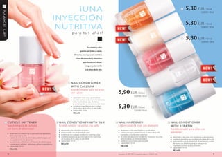 ¡UnA                                                                                                                                                            2   5,30 EUR / 10 ml
                                                                                                                                                                                                                                                       53,00 EUR / 100 ml


                                                            InYeccIÓn
                                                                                                                                                                                                                                     5,30 EUR / 10 ml
                                                             nUTRITIVA
                                                                                                                                                                                                                                 3
                                                                                                                                                                                                                                                       53,00 EUR / 100 ml

                                                                                 para tus uñas!
                                                                                                                                                                                                                                 1   5,30 EUR / 10 ml
                                                                                                                                                                                                                                                       53,00 EUR / 100 ml

                                                                                                    tus manos y uñas
                                                                                           quieren ser bellas y sanas.
                                                                                   ofrecelas una inyección nutritiva
                                                                                      Llena de minerales y vitaminas
                                                1
                                                                                               que fortalecen, alisan,
                                                                                                  alegran y dan brillo
                                                                                                  a la placa de la uña.




                                                                            1   nAIL conDITIoneR
                                                                                WITH c ALcIUM
                                                                                Acondicionador para las uñas
                                                                                con calcio                                        5,90 EUR / 10 ml                                                4
                                                                                                                                                               59,00 EUR / 100 ml
                                                                                » destinado a las uñas quebradizas
                                                                                » el calcio activo endurece y fortalece las
                                                                                  uñas haciéndolas más flexibles

                                                                                                                                  5,30 EUR / 10 ml
                                                                                  y aumentando su resistencia a la rotura
                                                                                » contiene ingredientes que cuidan                                                                                5
                                                                                  de la placa de la uña y la dan brillo
                                                                                » capacidad: 10 ml                                                             53,00 EUR / 100 ml
                                                                                  FM | n103



2   cUTIcLe SoF TeneR                                       3   nAIL conDITIoneR WITH SILK                                    4   nAIL HARDeneR                                                                5   nAIL conDITIoneR
    Suavizante para las cutículas                               Acondicionador para uñas con seda                                 Endurecedor de uñas con diamante                                                 WITH KeR ATIn
    con hueso de albaricoque                                                                                                                                                                                       Acondicionador para uñas con
                                                                » destinado a las uñas decoloradas                                » destinado a las uñas frágiles y quebradizas
    » destinado al cuidado de la piel delicada alrededor        » enriquecido con proteínas de seda                               » forma una capa protectora en la placa de la uña                                queratina
         de la placa de la uña
                                                                » la fórmula de cuidado fortalece y nutre las uñas                    resistente a los factores externos
                                                                » contiene sustancias que esclarecen las manchas                  » el polvo de diamante fortalece y endurece las uñas                             » destinado a las uñas con tendencia a descamarse
    » a base de extracto de almendra y albaricoque con            de la placa de la uña y la dan brillo                             ofreciendolas un brillo duradero
      un suplemento de glicerina                                                                                                                                                                                   » contiene queratina que endurece la placa de la uña
                                                                » capacidad: 10 ml                                                » perfecto como base para esmalte                                                » enriquecido con la vitamina E, d-pantenol y aceite
    » las partículas exfoliantes del hueso de albaricoque
      suavemente exfolian, ablandan y alisan la epidermis           FM | n101                                                     » capacidad: 10 ml                                                                 de hueso de albaricoque que reducen su
    » capacidad: 10 ml                                                                                                                FM | n104                                                                      fragilidad y evitan la descamación
                                                                                                                                                                                                                   » capacidad: 10 ml
         FM | n105
                                                                                                                                                                                                                     FM | n102
    52                                                                                                                            Los productos FM GROUP MAKE UP son productos originales de FM GROUP World.                                                           53
 