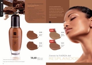DARK SKIn FoUnDATIon
                                                                                Base de maquillaje para
                                                                                la tez morena                                            La base de maquillaje Dark Skin
                                                                                adaptivE EffEct                                          Foundation ilumina la piel morena al

                                                                                » los pigmentos micronizados se adaptan                  mismo tiempo que uniformiza su color.
                                                                                    perfectamente a la tez morena
                                                                                                                                         Los pigmentos micronizados se adaptan
                                                                                »   los polímeros que se liberan progresivamente
                                                                                    absorben el exceso de sebo y garantizan un           al tono natural de la piel, ocultando
                                                                                    efecto de lisura sedosa
                                                                                                                                         pequeñas imperfecciones. Gracias a los
                                                                                »   los reflejos dorados iluminan sutilmente la tez
                                                                                »   se esparce fácilmente sin dejar efecto de máscara    reflejos dorados el rostro tiene aspecto
                                                                                »   contiene antioxidantes (protegen la piel
                                                                                    sensible contra los radicales libres) y filtros UV   fresco y descansado.
                                                                                »   una elegante botellita de vidrio con un práctico
                                                                                    dispensador
                                                                                »   capacidad: 30 ml




                                                                                                                    FM | fl08                                                                   FM | fl10
                                                                                                                    S aNdal                                                                     Warm
                                                                                                                    W ood                                                                       WalNut




                                                                                                                    FM | fl09                                                                   FM | fl11

                                                                                                                    m oCha                                                                      g iNger
                                                                                                                    B roWN                                                                      C ak e




                                                                                                                                         Siente la FUERZA del
¡Prueba nuestro nuevo pincel de la página 65!
                                                                                         18,60 EUR / 30 ml
                                                                                                              62,00 EUR / 100 ml         RESPLANDOR
Puedes escoger un tono adecuado gracias a las muestras de base de maquillaje.

8                                                                                                                                        Los productos FM GROUP MAKE UP son productos originales de FM GROUP World.   9
 