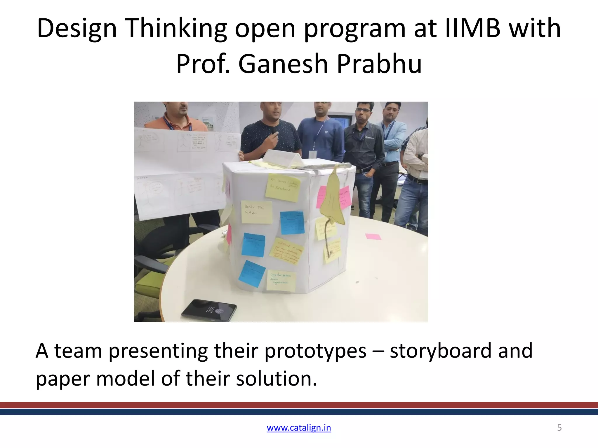 Design Thinking open program at IIMB with
Prof. Ganesh Prabhu
www.catalign.in 5
A team presenting their prototypes – storyboard and
paper model of their solution.
 