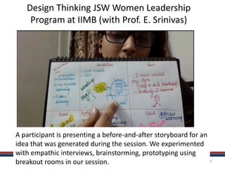 www.catalign.in 3
Design Thinking JSW Women Leadership
Program at IIMB (with Prof. E. Srinivas)
A participant is presenting a before-and-after storyboard for an
idea that was generated during the session. We experimented
with empathic interviews, brainstorming, prototyping using
breakout rooms in our session.
 