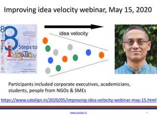 Improving idea velocity webinar, May 15, 2020
www.catalign.in 4
idea velocity
https://www.catalign.in/2020/05/improving-idea-velocity-webinar-may-15.html
Participants included corporate executives, academicians,
students, people from NGOs & SMEs
 