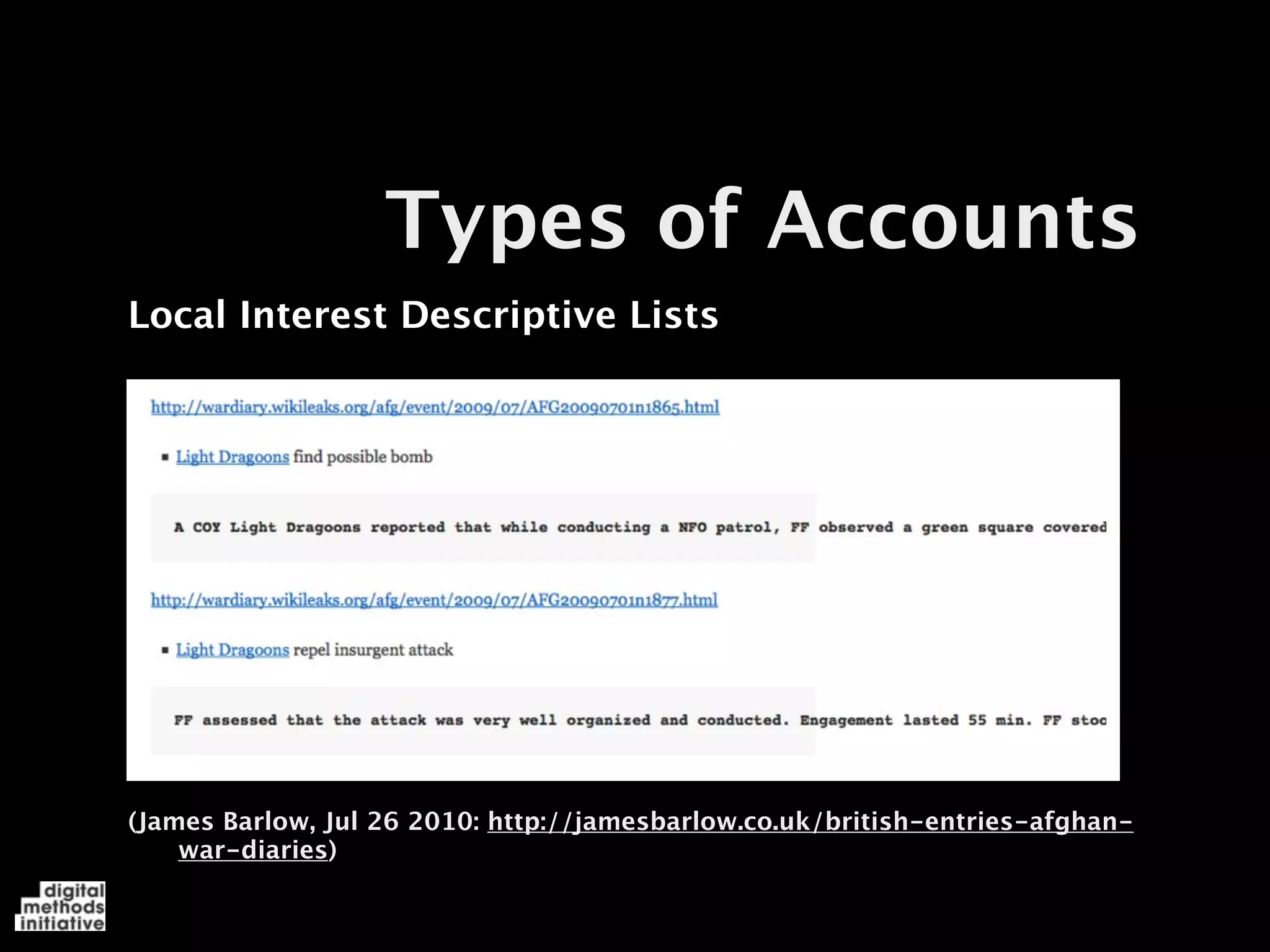 Types of Accounts
Local Interest Descriptive Lists




(James Barlow, Jul 26 2010: http://jamesbarlow.co.uk/british-entries-afghan-
    war-diaries)
 