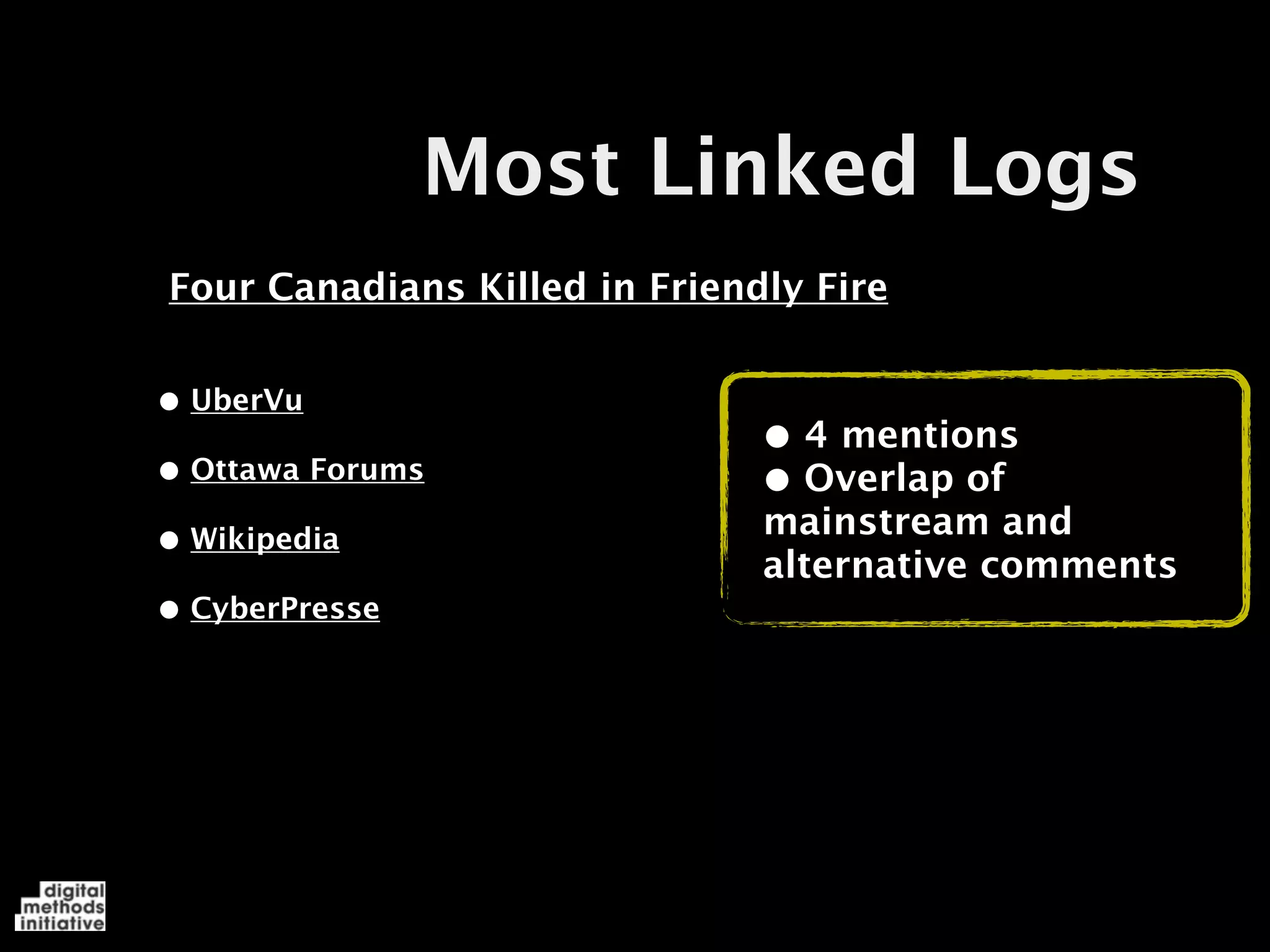 Most Linked Logs
Four Canadians Killed in Friendly Fire


• UberVu
                               • 4 mentions
• Ottawa Forums                • Overlap of
•   Wikipedia                  mainstream and
                               alternative comments
• CyberPresse
 