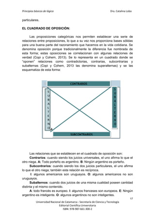Principios básicos de lógica Dra. Catalina Lobo
17
Universidad Nacional de Catamarca - Secretaría de Ciencia y Tecnología
Editorial Científica Universitaria
ISBN: 978-987-661-300-2
particulares.
EL CUADRADO DE OPOSICIÓN:
Las proposiciones categóricas nos permiten establecer una serie de
relaciones entre proposiciones, lo que a su vez nos proporciona bases sólidas
para una buena parte del razonamiento que hacemos en la vida cotidiana. Se
denomina oposición porque tradicionalmente la diferencia fue nombrada de
esta forma; estas oposiciones se correlacionan con algunas relaciones de
verdad (Copi y Cohem, 2013). Se lo representa en un cuadrado donde se
“oponen” relaciones como contradictorias, contrarias, subcontrarias y
subalternas (Copi y Cohem, 2013 las denomina superalternas) y se las
esquematiza de esta forma:
Las relaciones que se establecen en el cuadrado de oposición son:
Contrarios: cuando siendo los juicios universales, el uno afirma lo que el
otro niega. A: Todo porteño es argentino. B: Ningún argentino es porteño.
Subcontrarios: cuando siendo los dos juicios particulares, el uno afirma
lo que el otro niega; también esta relación es recíproca.
I: algunos americanos son uruguayos. O: algunos americanos no son
uruguayos.
Subalternos: cuando dos juicios de una misma cualidad poseen cantidad
distinta y el mismo contenido.
A: todo francés es europeo. I: algunos franceses son europeos. E: Ningún
argentino es inteligente. O: algunos argentinos no son inteligentes.
 