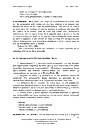 Principios básicos de lógica Dra. Catalina Lobo
22
Universidad Nacional de Catamarca - Secretaría de Ciencia y Tecnología
Editorial Científica Universitaria
ISBN: 978-987-661-300-2
Stalin fue un dictador y era implacable,
Castro es un dictador
Por lo tanto, probablemente, Castro sea implacable
RAZONAMIENTO ANALÓGICO: es un tipo de razonamiento inductivo se basa
en la comparación entre objetos de dos tipos distintos y se deducen por
semejanzas a partir de los cuales se puede concluir. “Se sabe que los objetos
de cierta clase son similares en algunos aspectos a objetos de otra clase. De
los objetos de la primera clase se sabe que poseen una característica
determinada; pero se ignora si los de la segunda clase la poseen o no. Se
concluye por analogía, que toda vez que los objetos de las dos clases iguales
de algunos aspectos, lo son también en otros aspectos. Por consiguiente, los
objetos de la segunda clase tienen la propiedad adicional de lo que se sabe, ya
que los de la primera clase lo poseen”.
(Salmon, W, 1995, 119)
Todo razonamiento supone una inferencia, la validez depende de su
estructura o forma, no de su contenido.
EL SILOGISMO CATEGÓRICO DE FORMA TÍPICA
El silogismo categórico es un razonamiento deductivo que está formado
por proposiciones categóricas de forma típica y están dispuestas en un orden
específico: dos premisas y una conclusión. El silogismo categórico de forma
típica contiene tres términos: Término Mayor (T), Término Menor (t)
relacionados en las premisas por el Término Medio (M).
El silogismo es válido sí y solamente sí las dos premisas implican la
conclusión. Por consiguiente, basta diagramar las premisas de un
razonamiento válido para que quede diagramada también su conclusión.
La conclusión de un silogismo de forma típica es una proposición
categórica de forma típica que contiene dos de los tres términos del silogismo.
El término predicado de la conclusión es llamado el término mayor y el término
sujeto de la conclusión es llamado término menor del silogismo.
El término mayor y menor aparece en premisas diferentes. La premisa
que contiene el término mayor se denomina premisa mayor y la que contiene el
término menor se denomina premisa menor.
Ejemplo:
Todos los profesionales son universitarios
Todos los médicos son profesionales
Todos los médicos son universitarios
FIGURAS DEL SILOGISMO: son las diferentes estructuras que el silogismo
 
